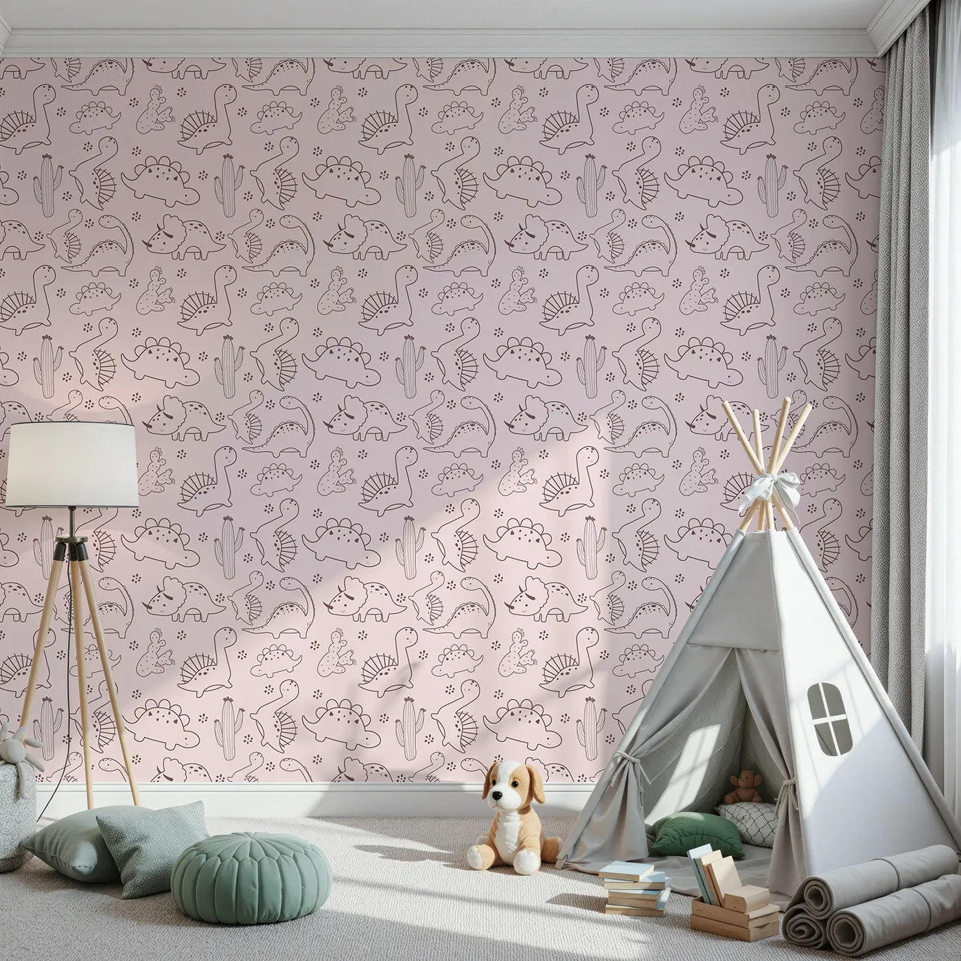 Front view of Whimsy Tots' Desert Dino Parade Wallpaper in Blush Pink