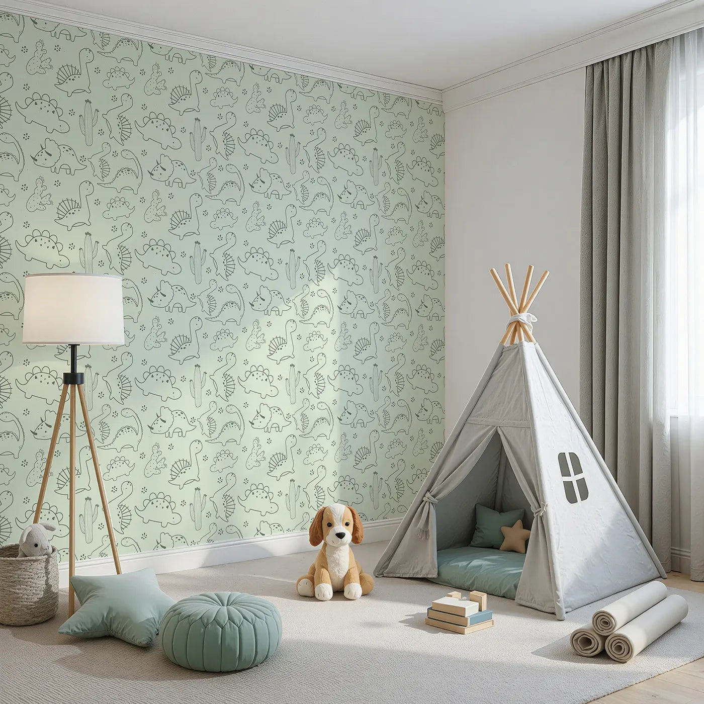Angled view of Whimsy Tots' Desert Dino Parade Wallpaper in Sage Green (W3078C).Soft green dinosaurs stroll through a cactus-speckled desert dream.