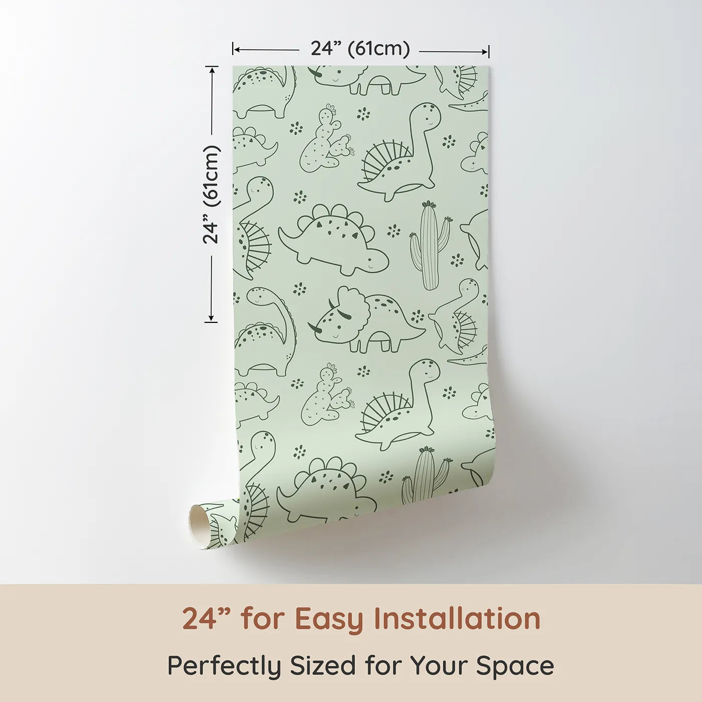 Dimension view of Whimsy Tots Desert Dino Parade Wallpaper in Sage Green (W3078C). Printed in 24-inch-wide panel for easy installation. Soft green dinosaurs stroll through a cactus-speckled desert dream.