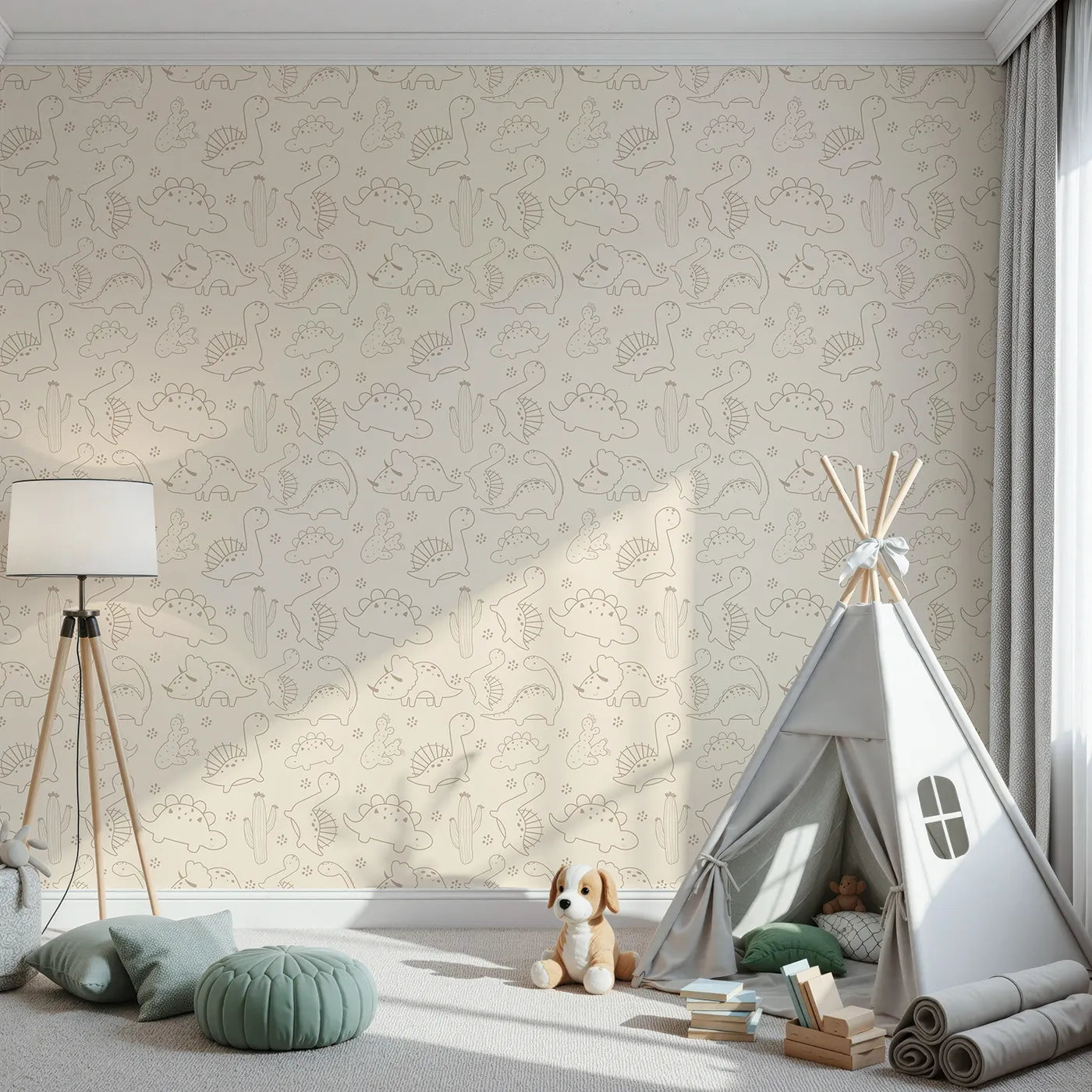 Front view of Whimsy Tots' Desert Dino Parade Wallpaper in Sand