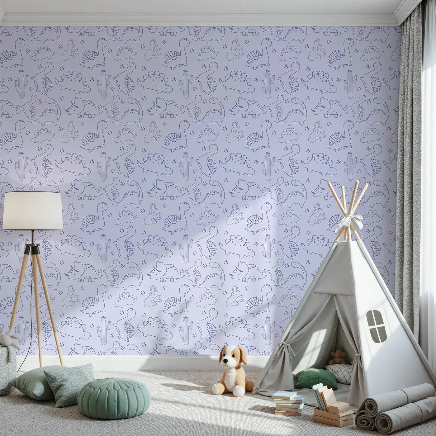 Front view of Whimsy Tots' Desert Dino Parade Wallpaper in Lavender