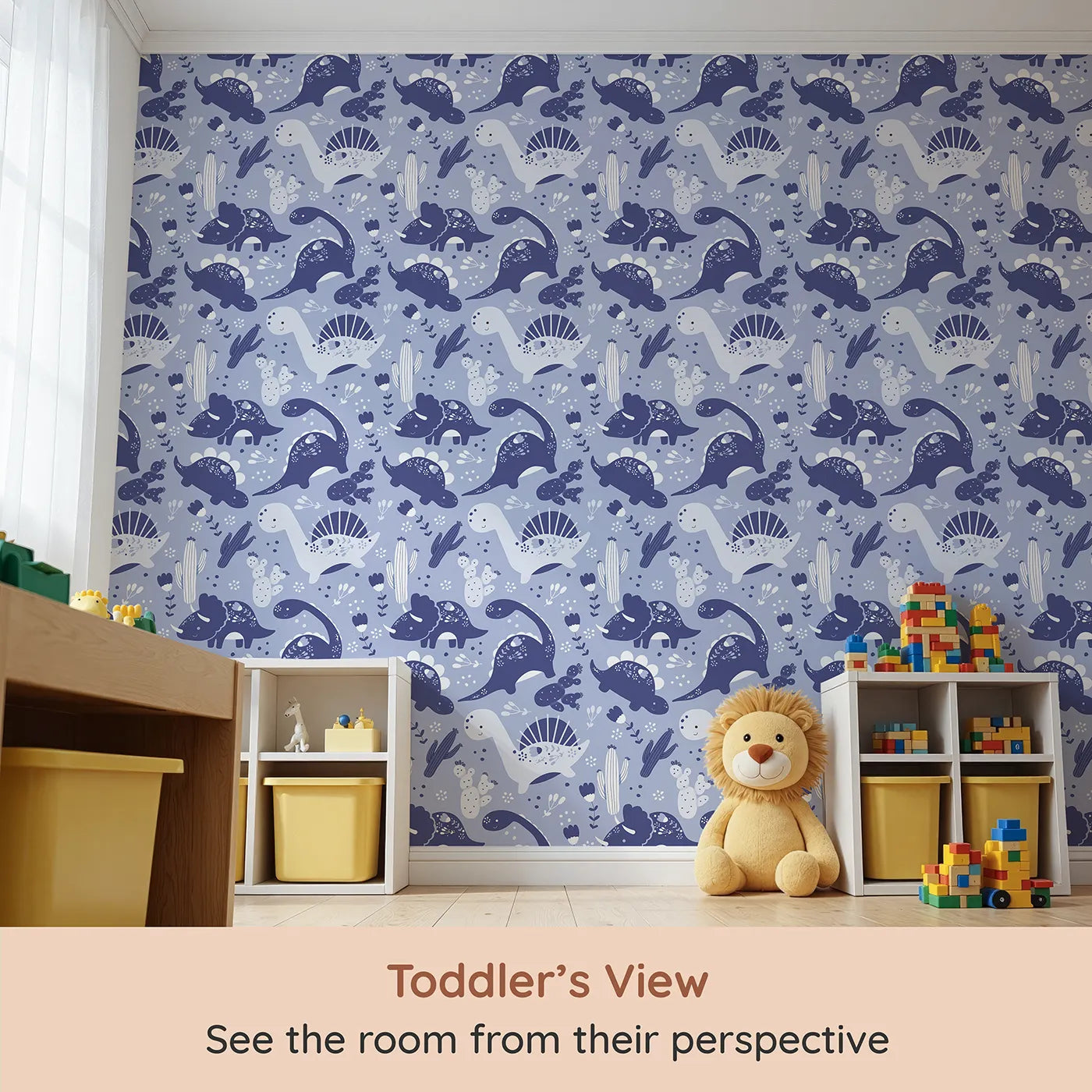 Whimsy Tots Botanic Dino Meadow Wallpaper in Periwinkle (W3080A) from your child's view.Smiling dinosaurs roam a soft periwinkle garden of blossoms and cacti.