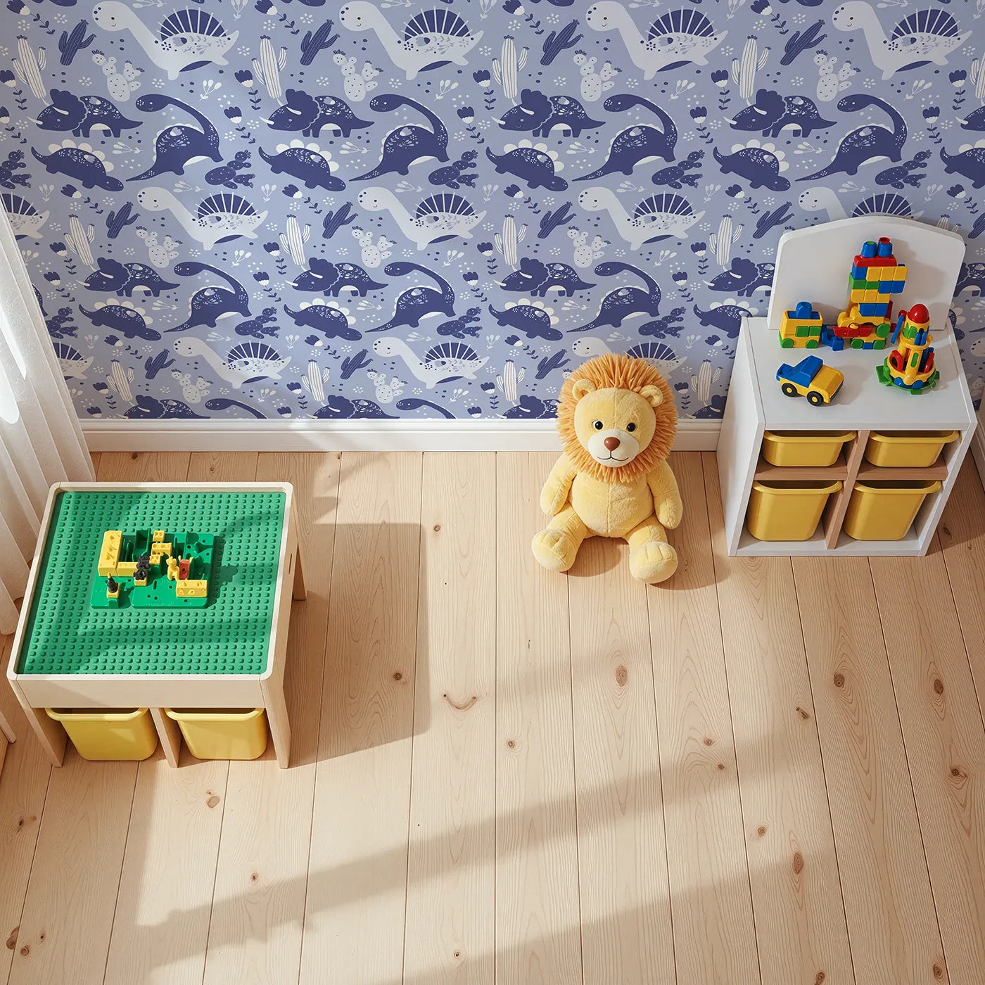 Top-Down view of Whimsy Tots' Botanic Dino Meadow Wallpaper in Periwinkle (W3080A).Smiling dinosaurs roam a soft periwinkle garden of blossoms and cacti.