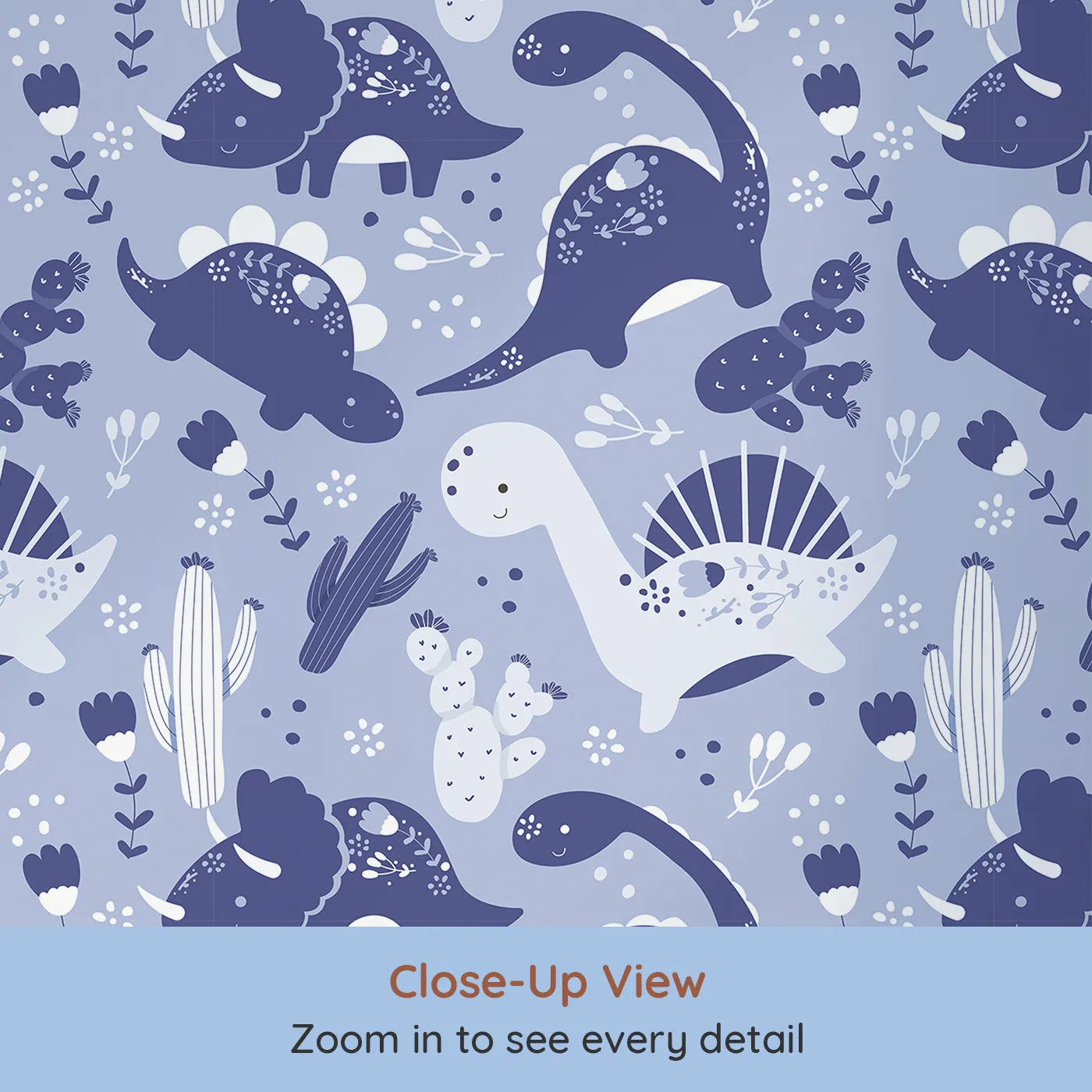 Close-up view of Whimsy Tots' Botanic Dino Meadow Wallpaper in Periwinkle (W3080A).Smiling dinosaurs roam a soft periwinkle garden of blossoms and cacti.