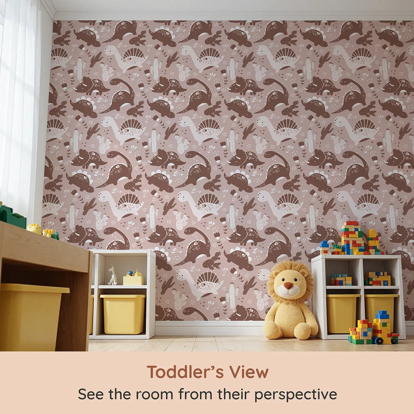 Whimsy Tots Botanic Dino Meadow Wallpaper in Rosewood Pink (W3080B) from your child's view.Sweet dinosaurs stroll through desert flowers and cozy cactus blooms.