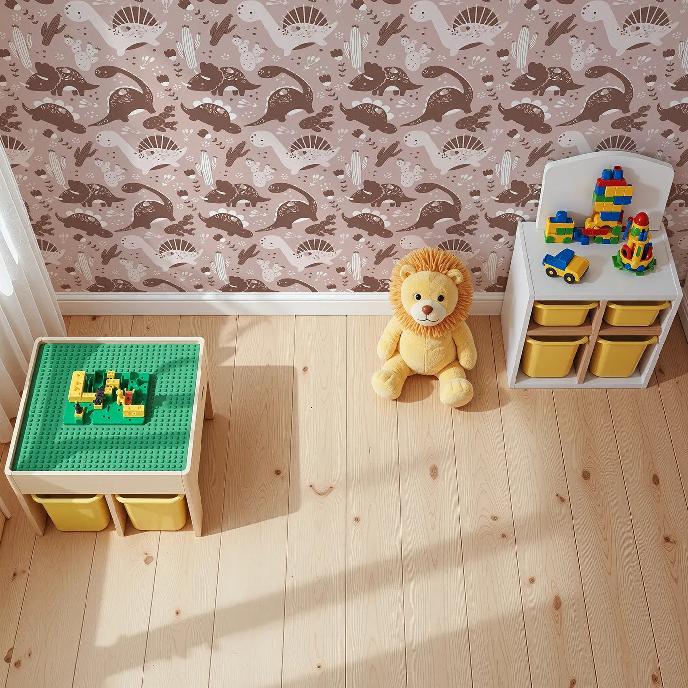 Top-Down view of Whimsy Tots' Botanic Dino Meadow Wallpaper in Rosewood Pink (W3080B).Sweet dinosaurs stroll through desert flowers and cozy cactus blooms.