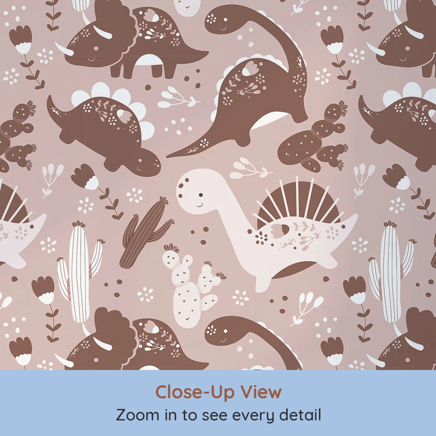 Close-up view of Whimsy Tots' Botanic Dino Meadow Wallpaper in Rosewood Pink (W3080B).Sweet dinosaurs stroll through desert flowers and cozy cactus blooms.