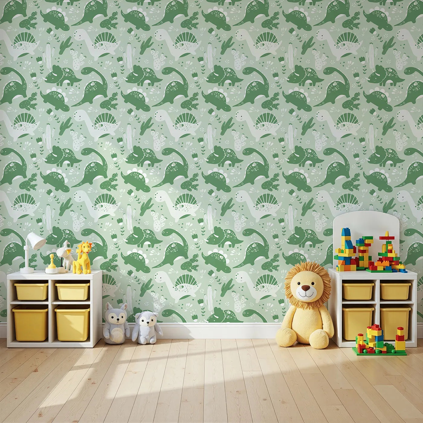 Angled view of Whimsy Tots' Botanic Dino Meadow Wallpaper in Sage Green (W3080C).Smiling dinosaurs and soft green florals turn their space into a calming oasis.