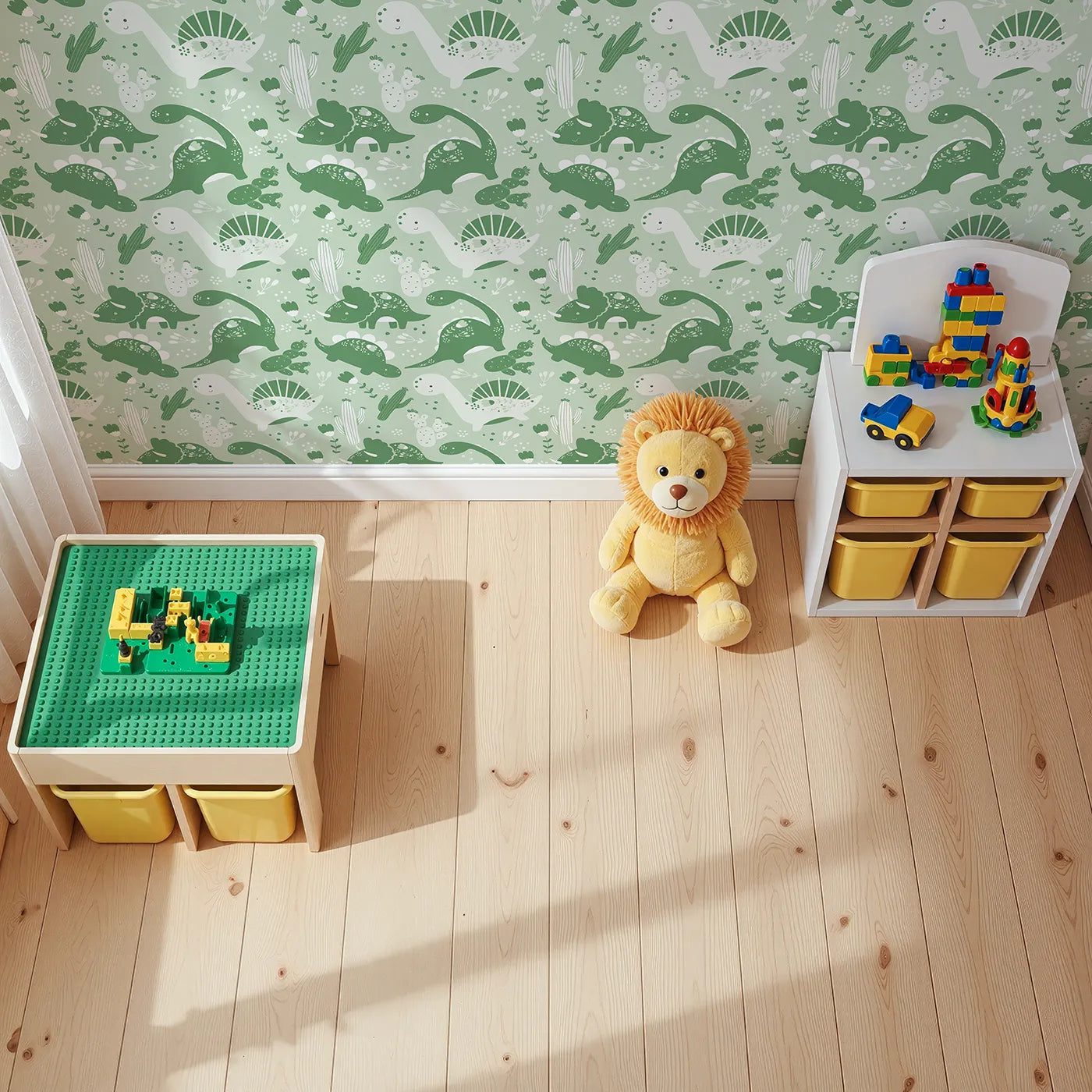 Top-Down view of Whimsy Tots' Botanic Dino Meadow Wallpaper in Sage Green (W3080C).Smiling dinosaurs and soft green florals turn their space into a calming oasis.