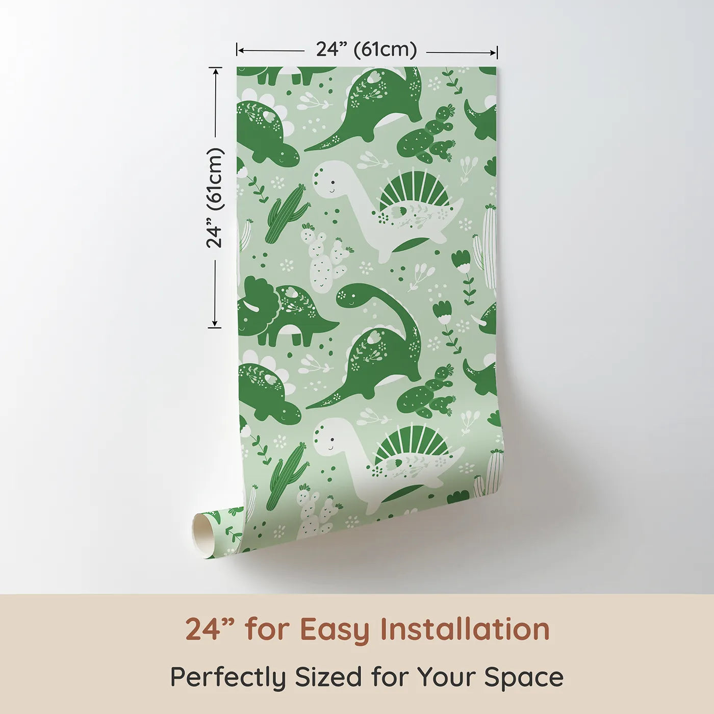 Dimension view of Whimsy Tots Botanic Dino Meadow Wallpaper in Sage Green (W3080C). Printed in 24-inch-wide panel for easy installation. Smiling dinosaurs and soft green florals turn their space into a calming oasis.