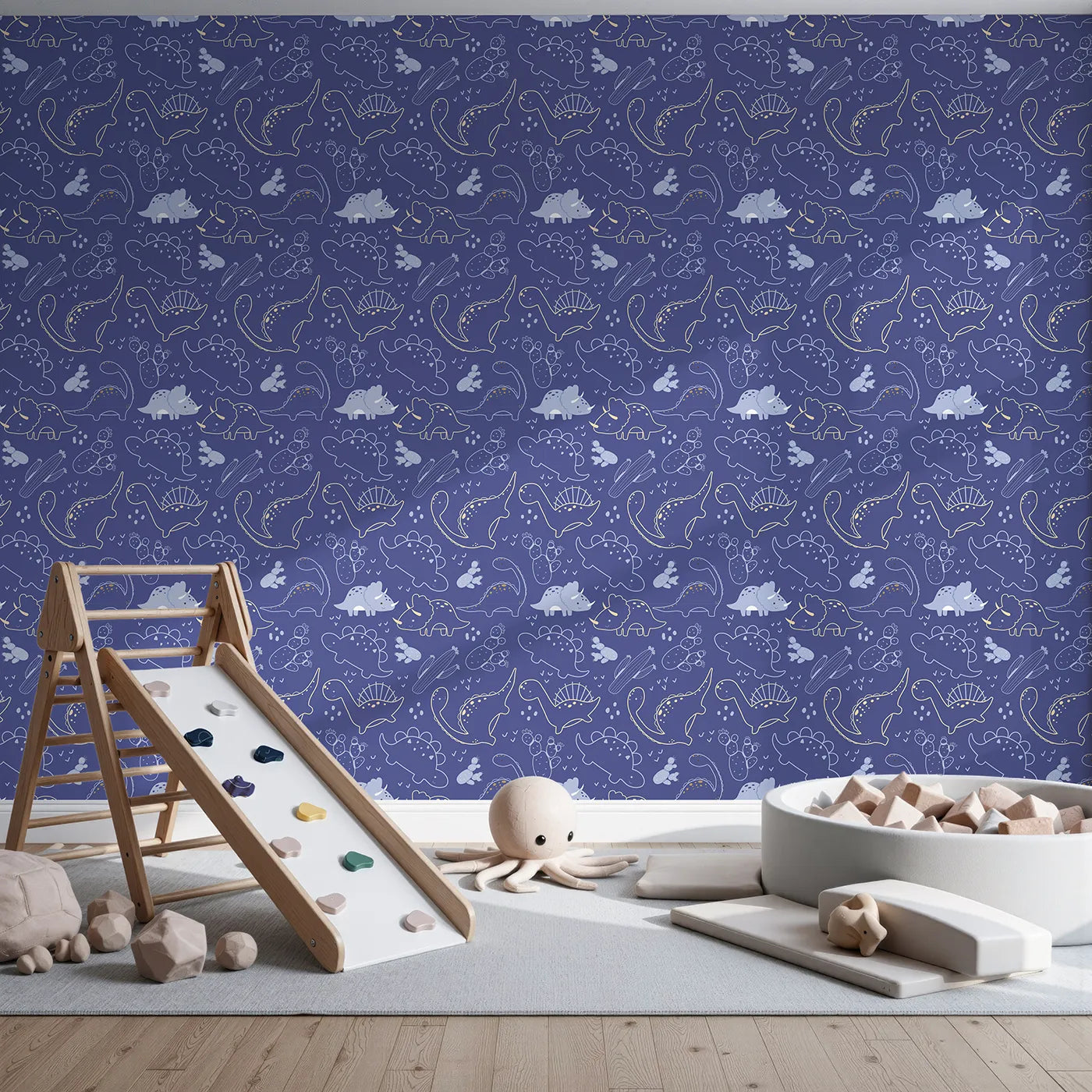 Front view of Whimsy Tots' Midnight Dino Parade Wallpaper in Navy Blue