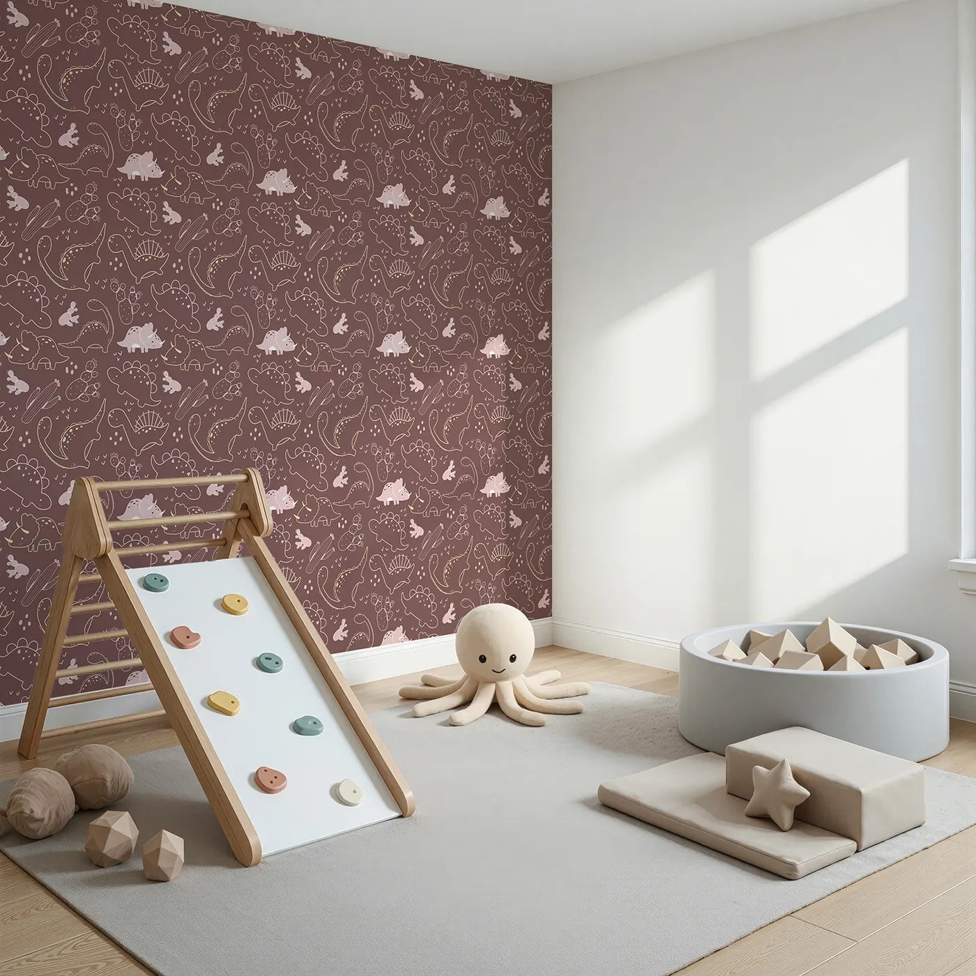 Angled view of Whimsy Tots' Midnight Dino Parade Wallpaper in Cocoa Brown (W3081B).Soft dino outlines glow against a cocoa-brown sky filled with hearts and cacti.