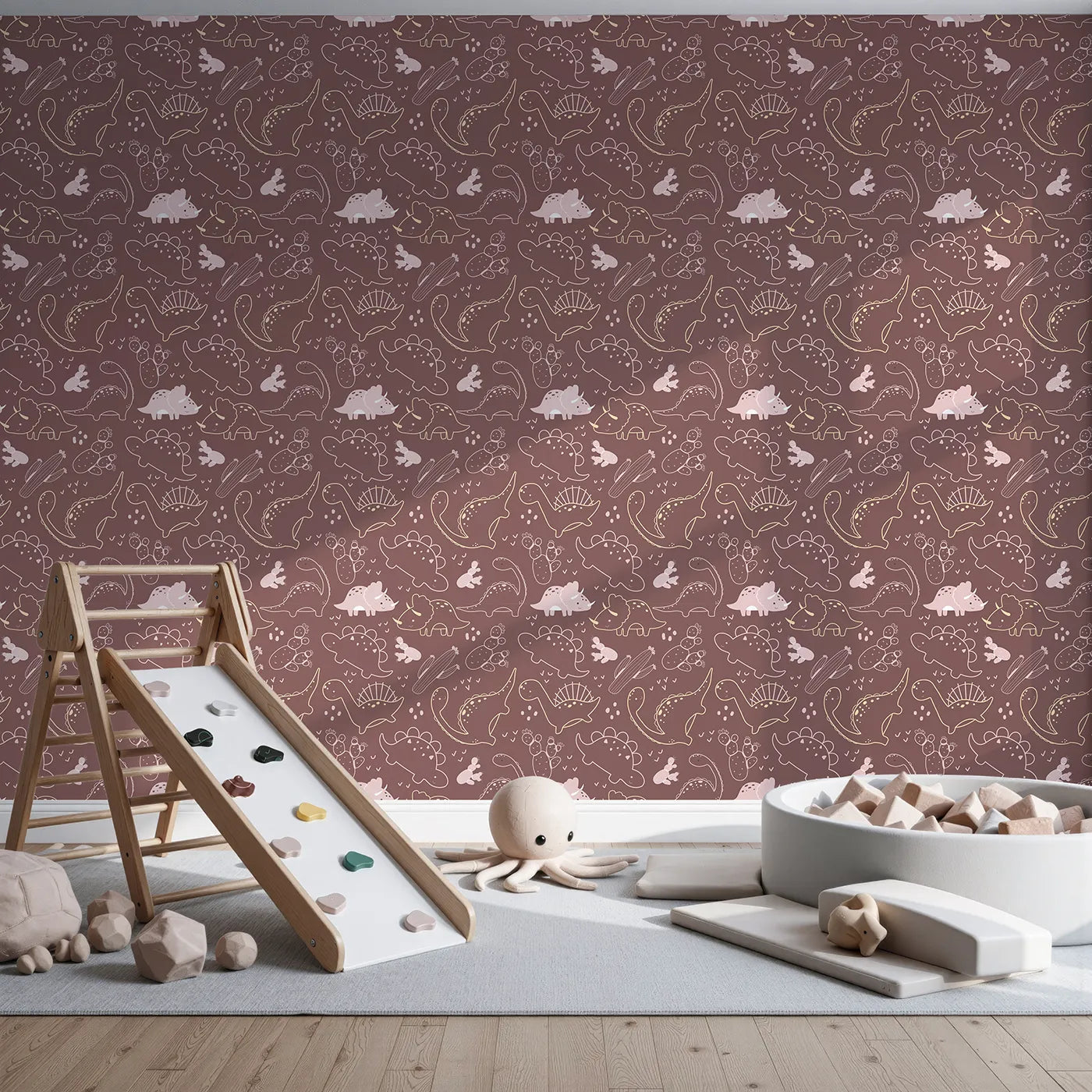 Front view of Whimsy Tots' Midnight Dino Parade Wallpaper in Cocoa Brown