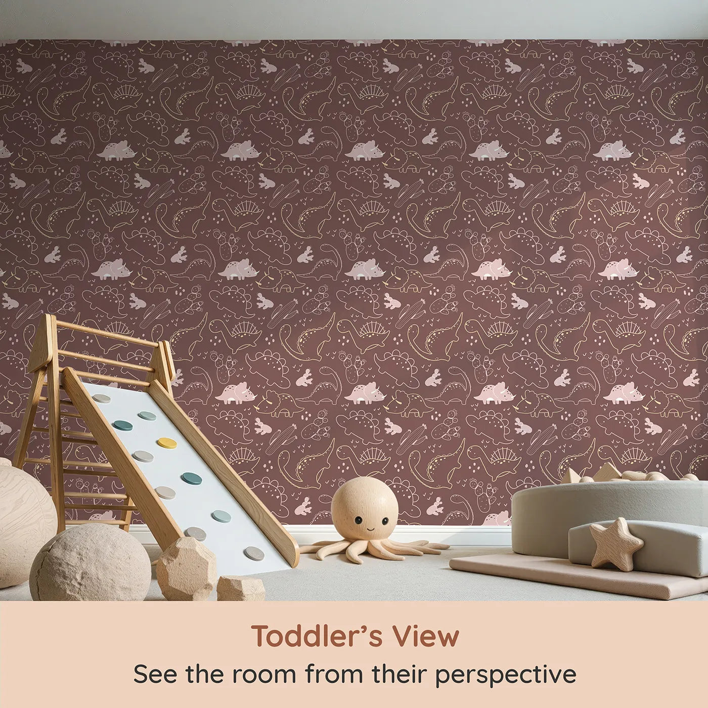 Whimsy Tots Midnight Dino Parade Wallpaper in Cocoa Brown (W3081B) from your child's view.Soft dino outlines glow against a cocoa-brown sky filled with hearts and cacti.
