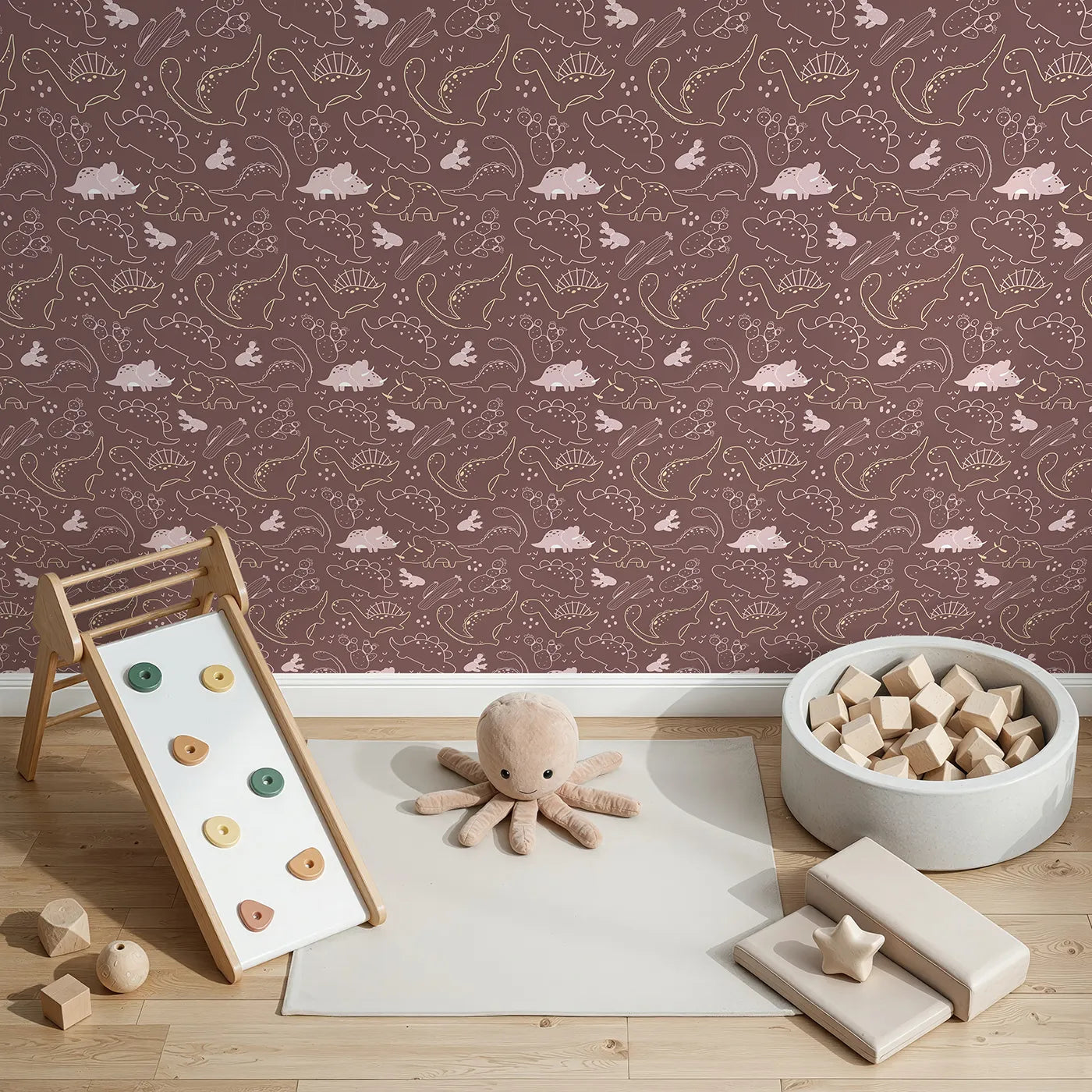 Top-Down view of Whimsy Tots' Midnight Dino Parade Wallpaper in Cocoa Brown (W3081B).Soft dino outlines glow against a cocoa-brown sky filled with hearts and cacti.