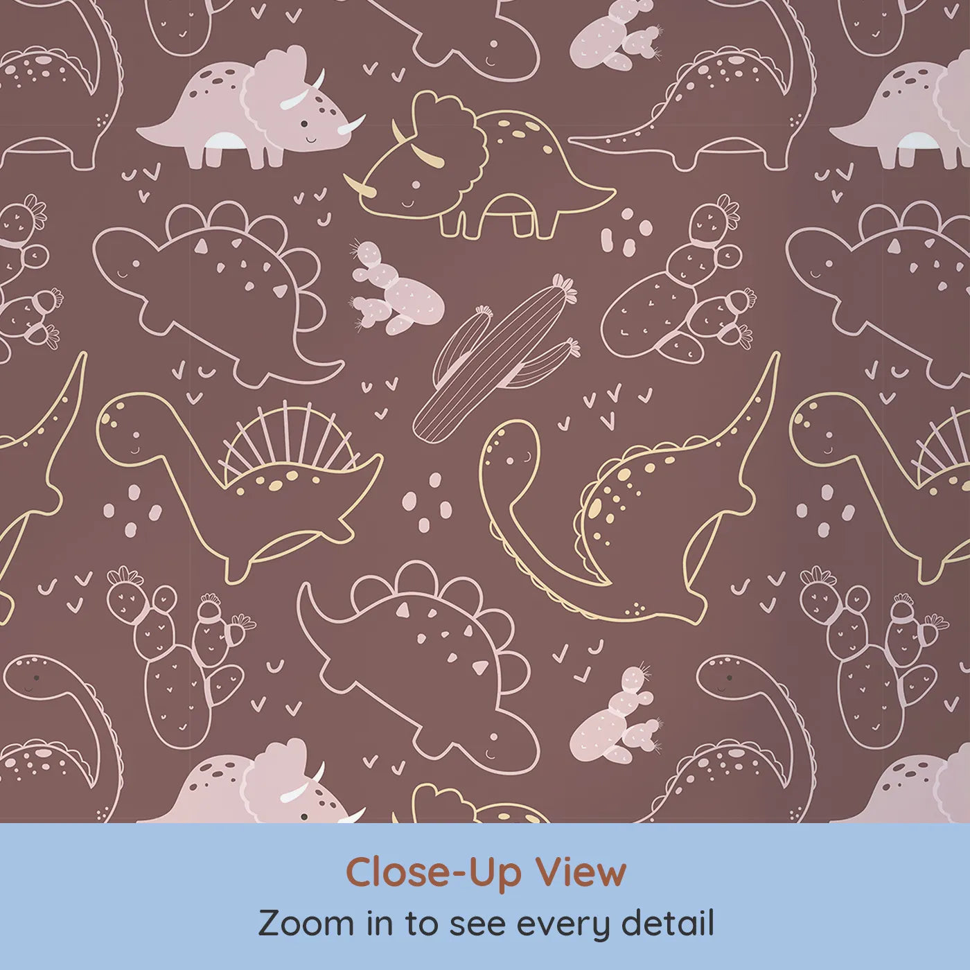 Close-up view of Whimsy Tots' Midnight Dino Parade Wallpaper in Cocoa Brown (W3081B).Soft dino outlines glow against a cocoa-brown sky filled with hearts and cacti.