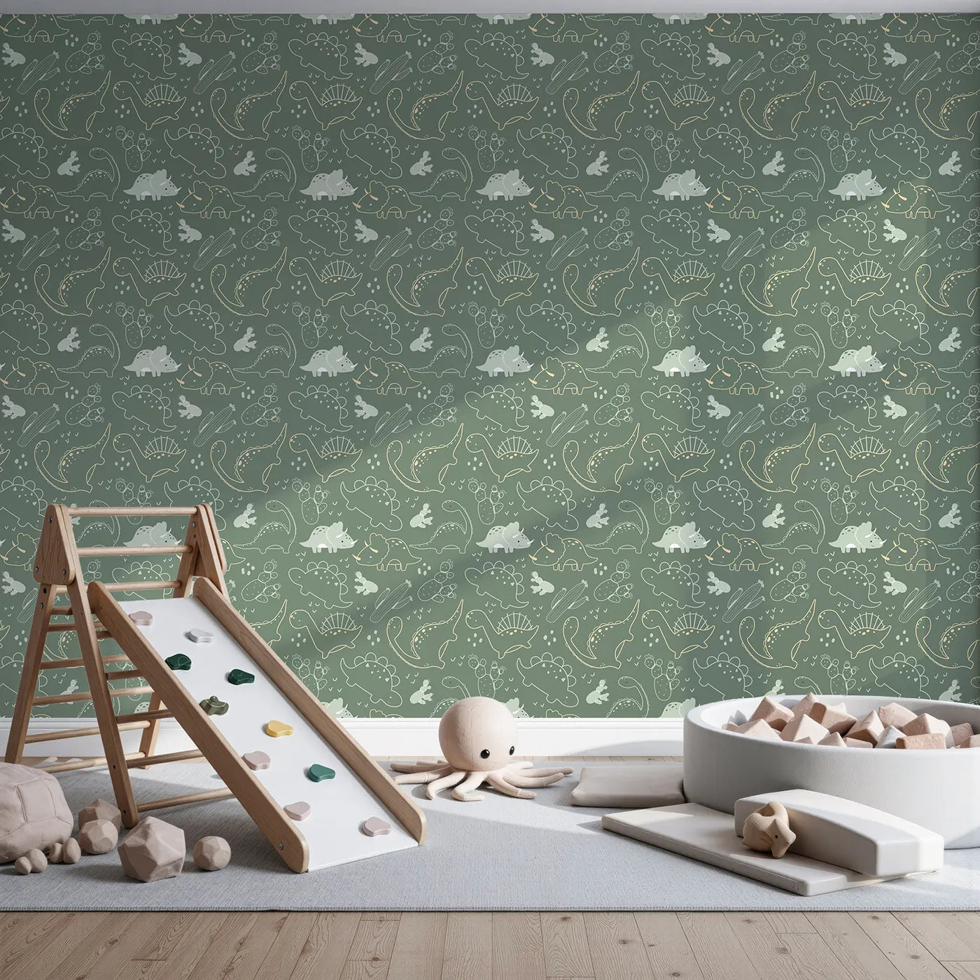 Front view of Whimsy Tots' Midnight Dino Parade Wallpaper in Forest Green
