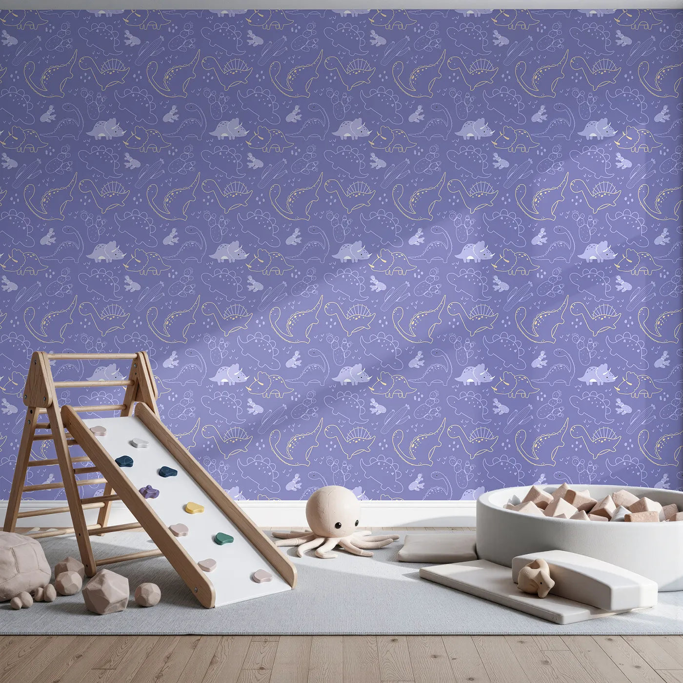 Front view of Whimsy Tots' Midnight Dino Parade Wallpaper in Lavender