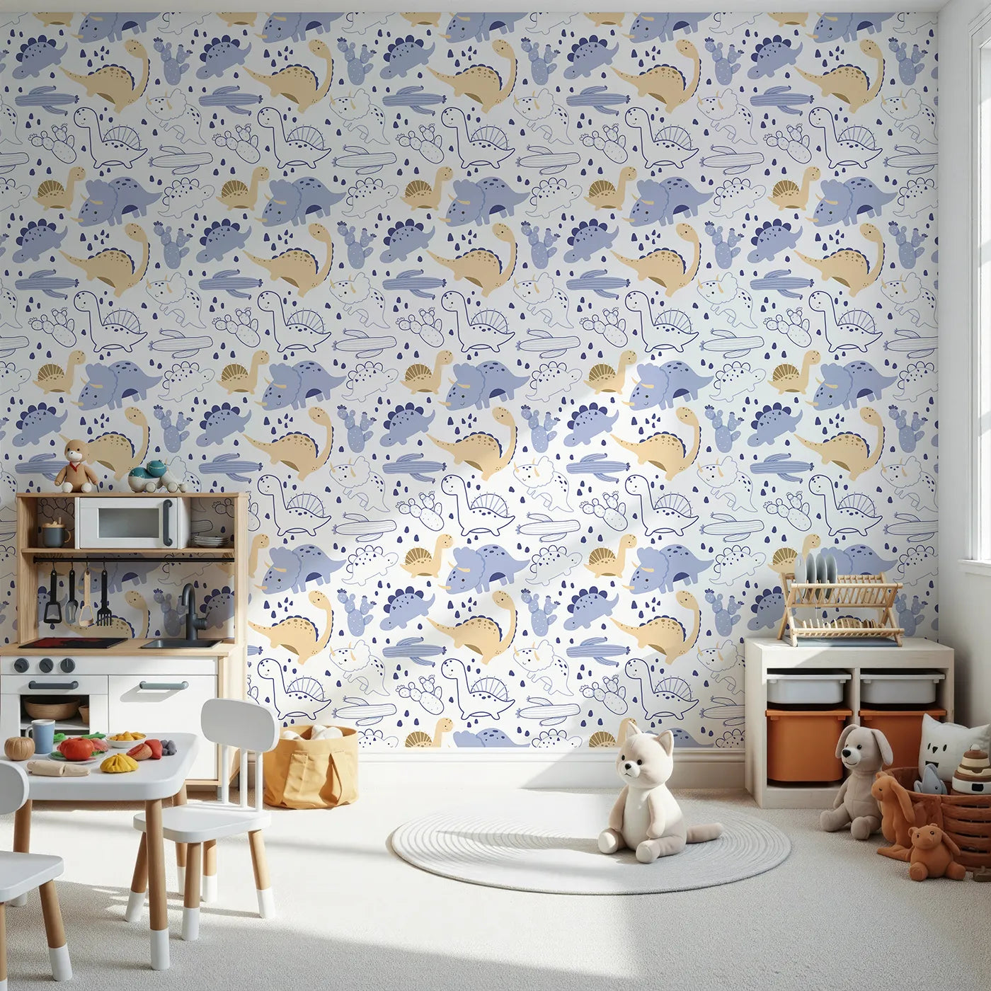 Front view of Whimsy Tots' Cactus Canyon Dinos Wallpaper in White