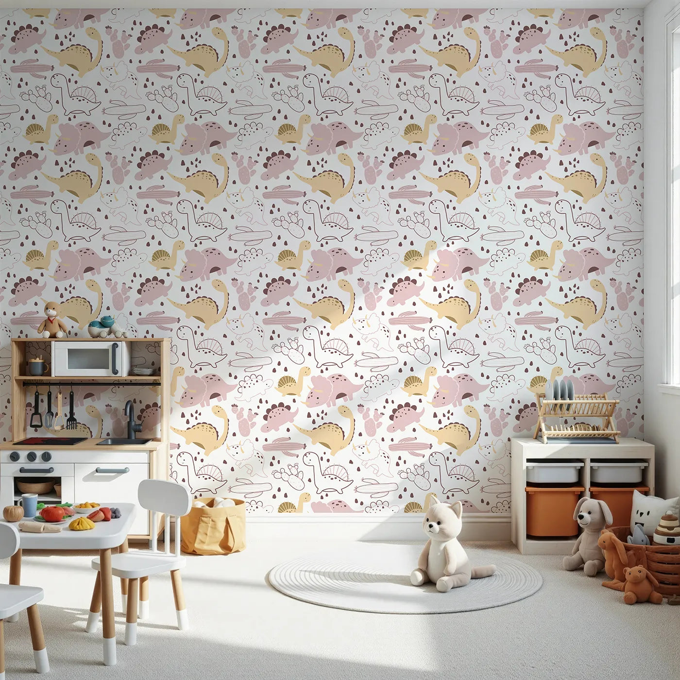 Front view of Whimsy Tots' Cactus Canyon Dinos Wallpaper in Blush Pink