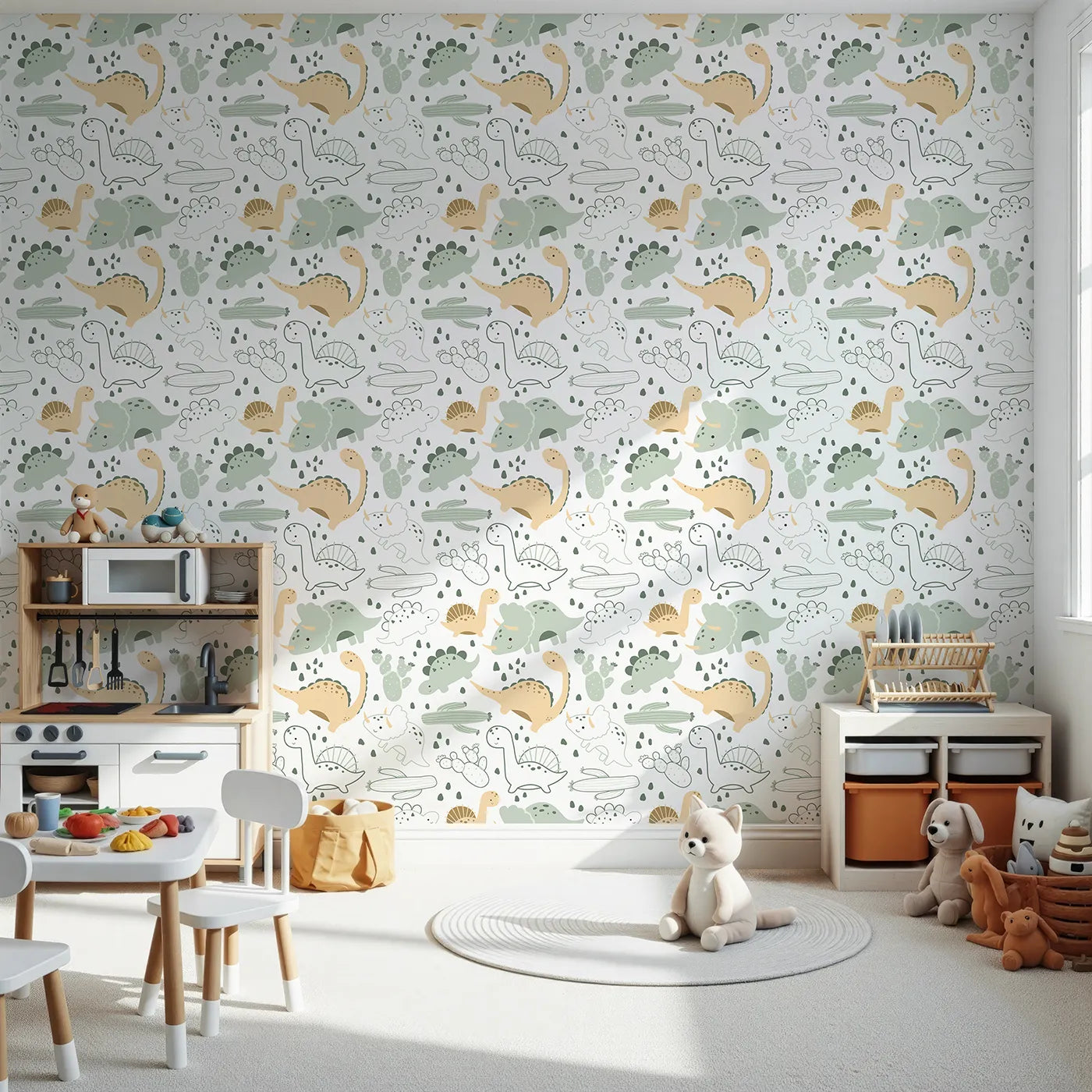 Front view of Whimsy Tots' Cactus Canyon Dinos Wallpaper in Mint Green