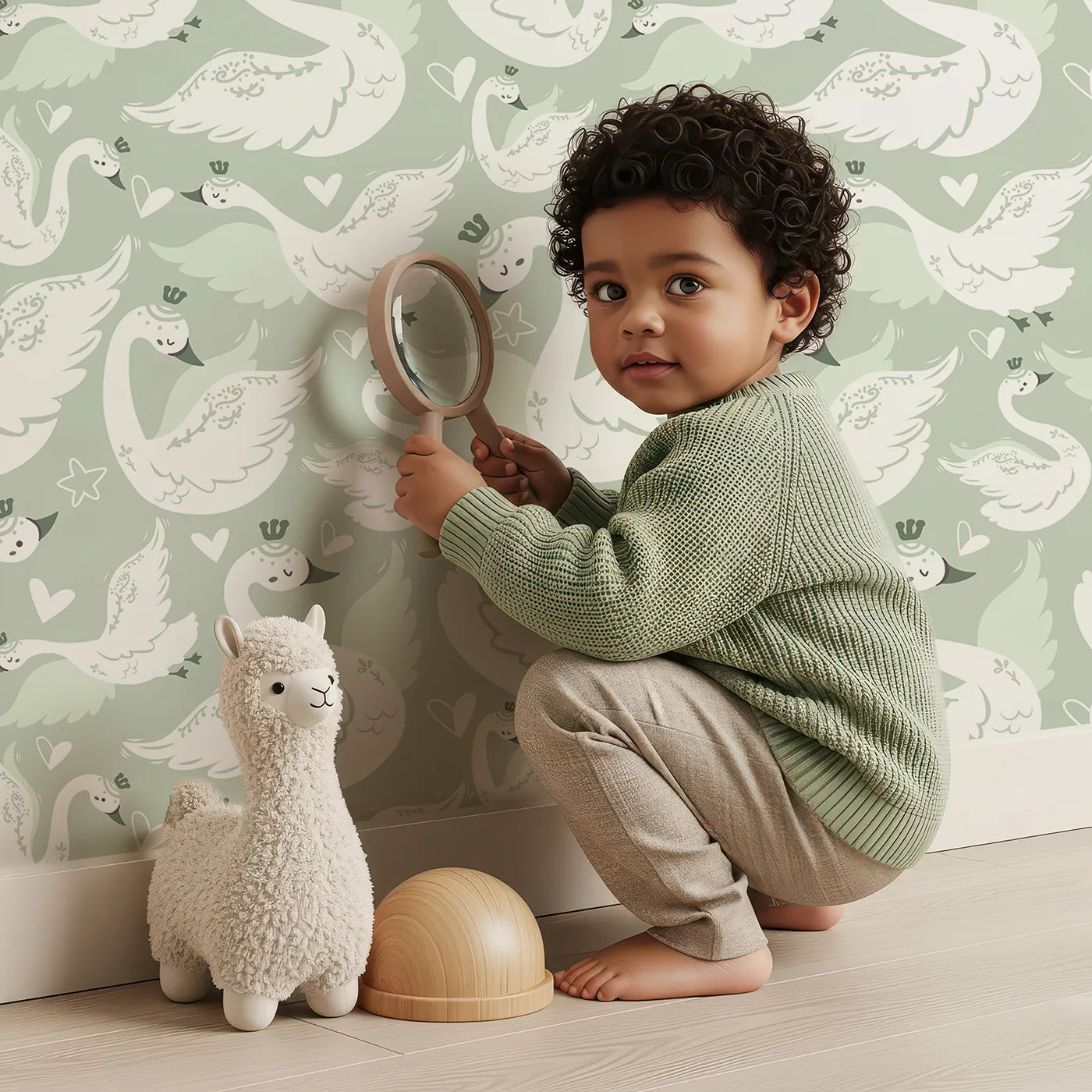 Lovely child standing in front of Whimsy Tots Swan Princess Waltz Wallpaper in Mint Green with swan, crown, wing, heart, star in design.