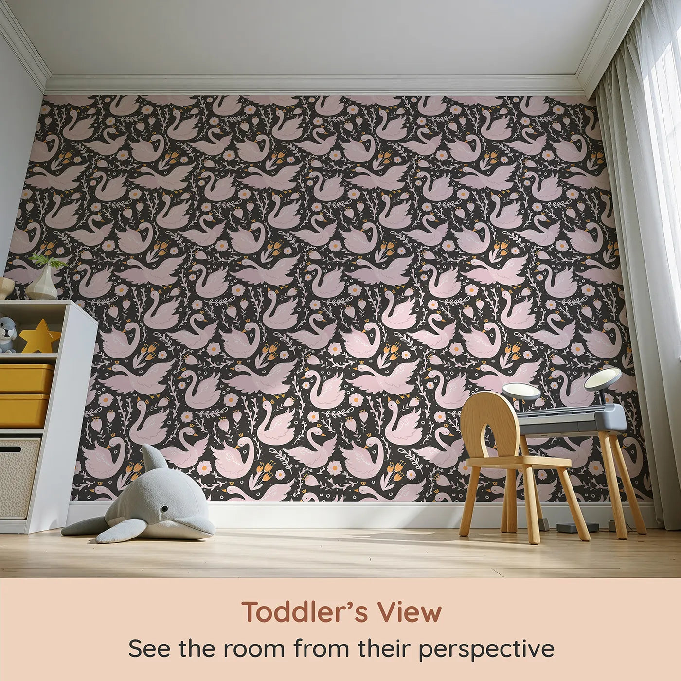 Whimsy Tots Starlit Swan Ballet Wallpaper in Charcoal Black (W3084A) from your child's view.Crowned swans and pastel blooms dance on the night sky.