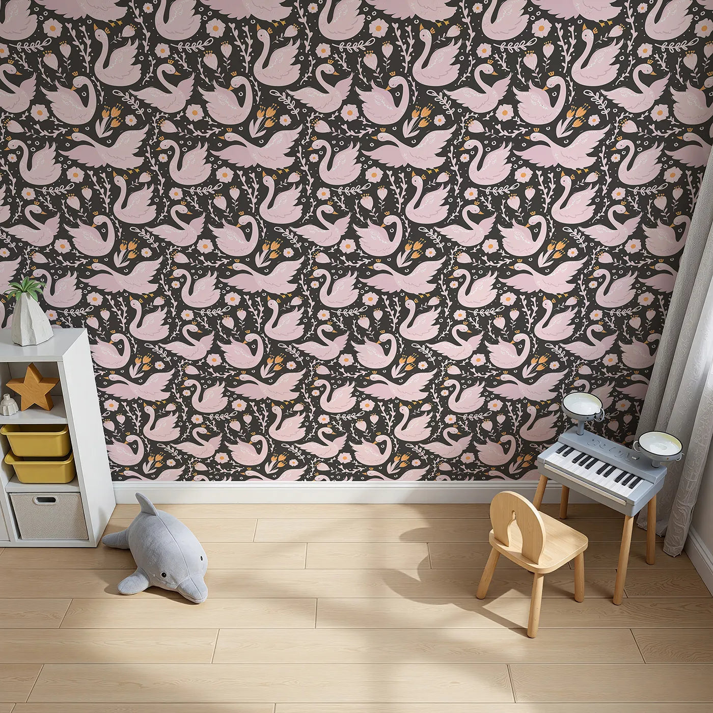 Top-Down view of Whimsy Tots' Starlit Swan Ballet Wallpaper in Charcoal Black (W3084A).Crowned swans and pastel blooms dance on the night sky.