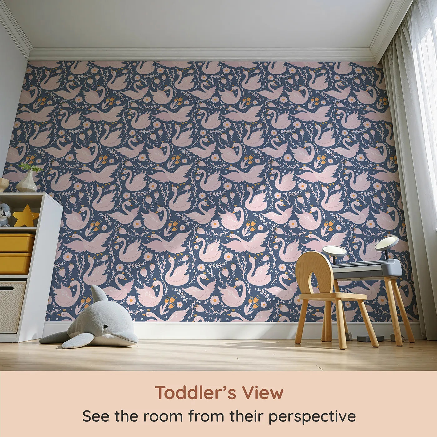 Whimsy Tots Starlit Swan Ballet Wallpaper in Navy Blue (W3084B) from your child's view.Crowned swans and pastel blooms glide through navy dusk.