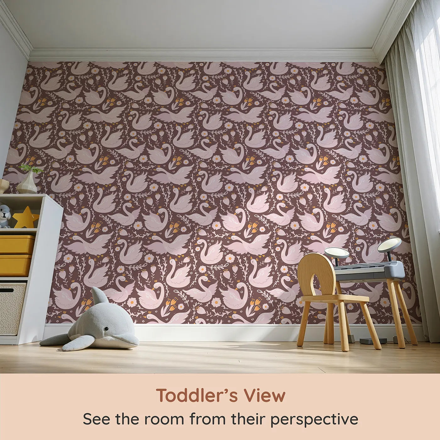 Whimsy Tots Starlit Swan Ballet Wallpaper in Cocoa Brown (W3084C) from your child's view.Crowned swans and soft florals glow against warm cocoa.
