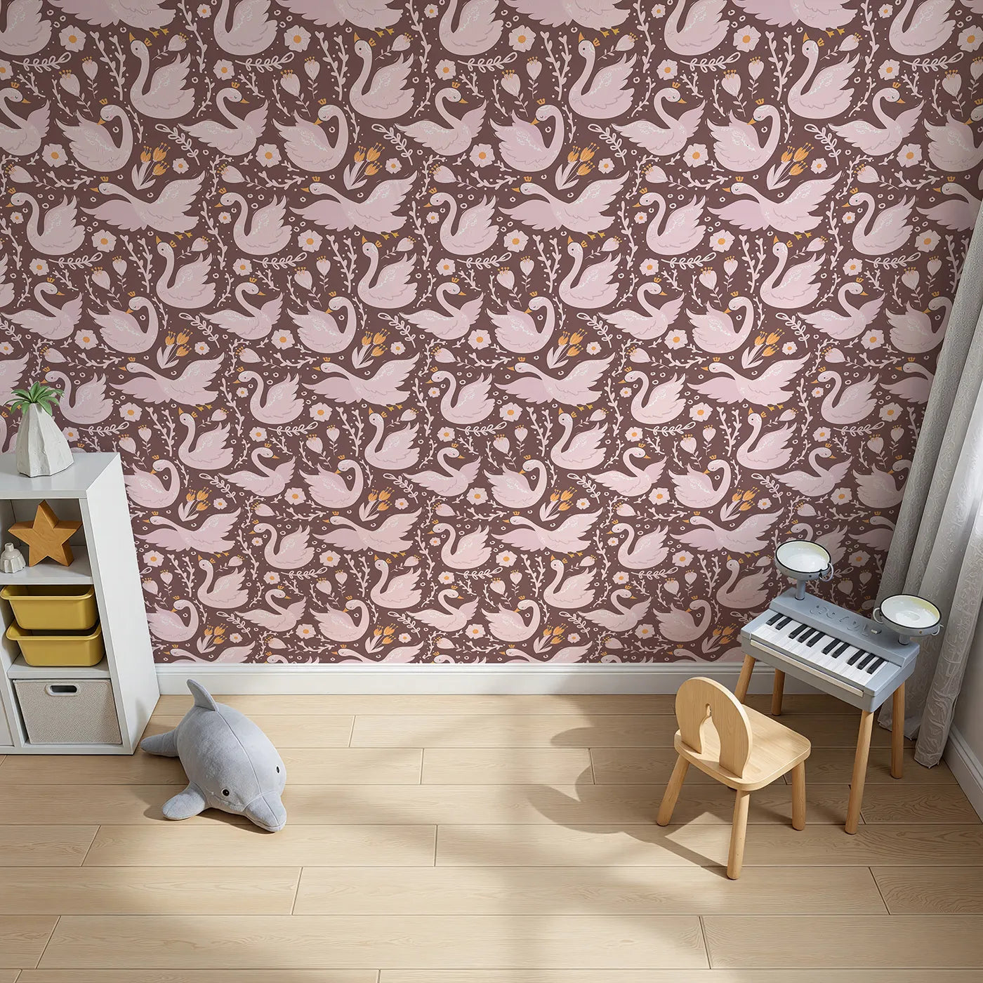Top-Down view of Whimsy Tots' Starlit Swan Ballet Wallpaper in Cocoa Brown (W3084C).Crowned swans and soft florals glow against warm cocoa.