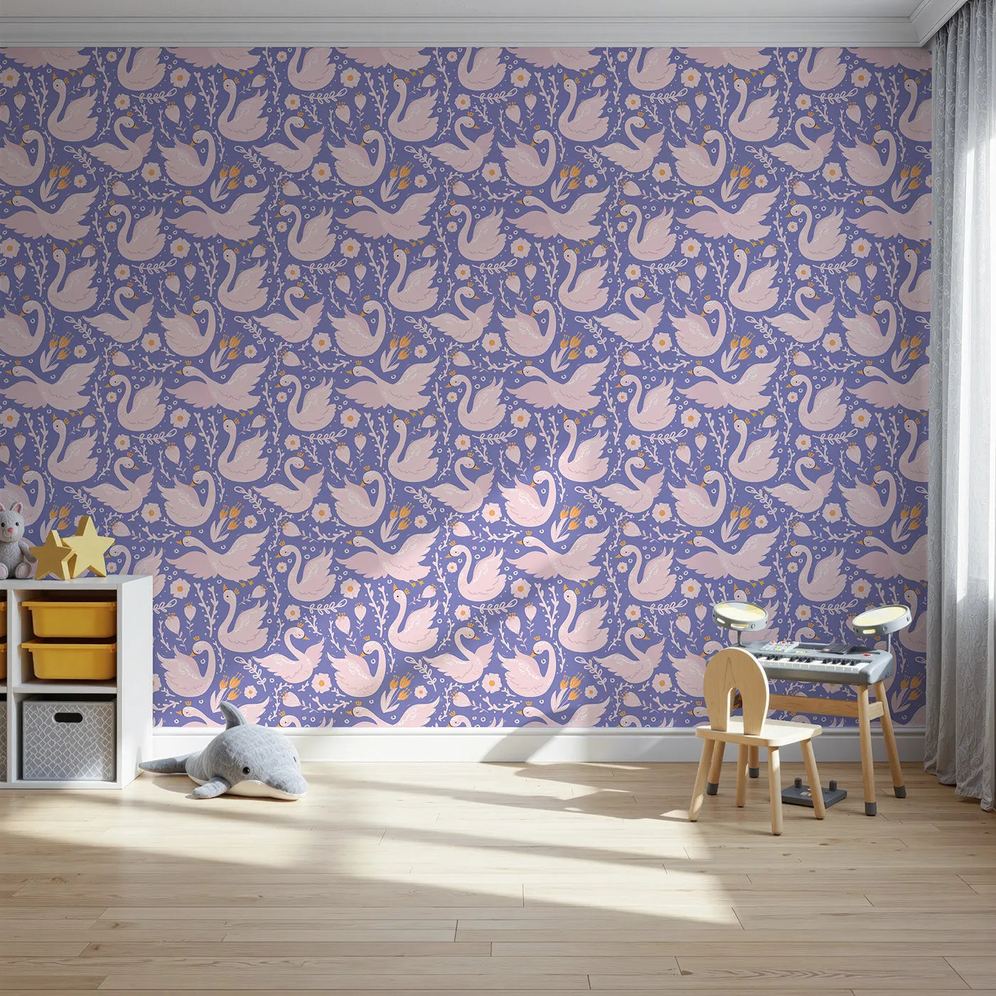 Front view of Whimsy Tots' Starlit Swan Ballet Wallpaper in Periwinkle Purple