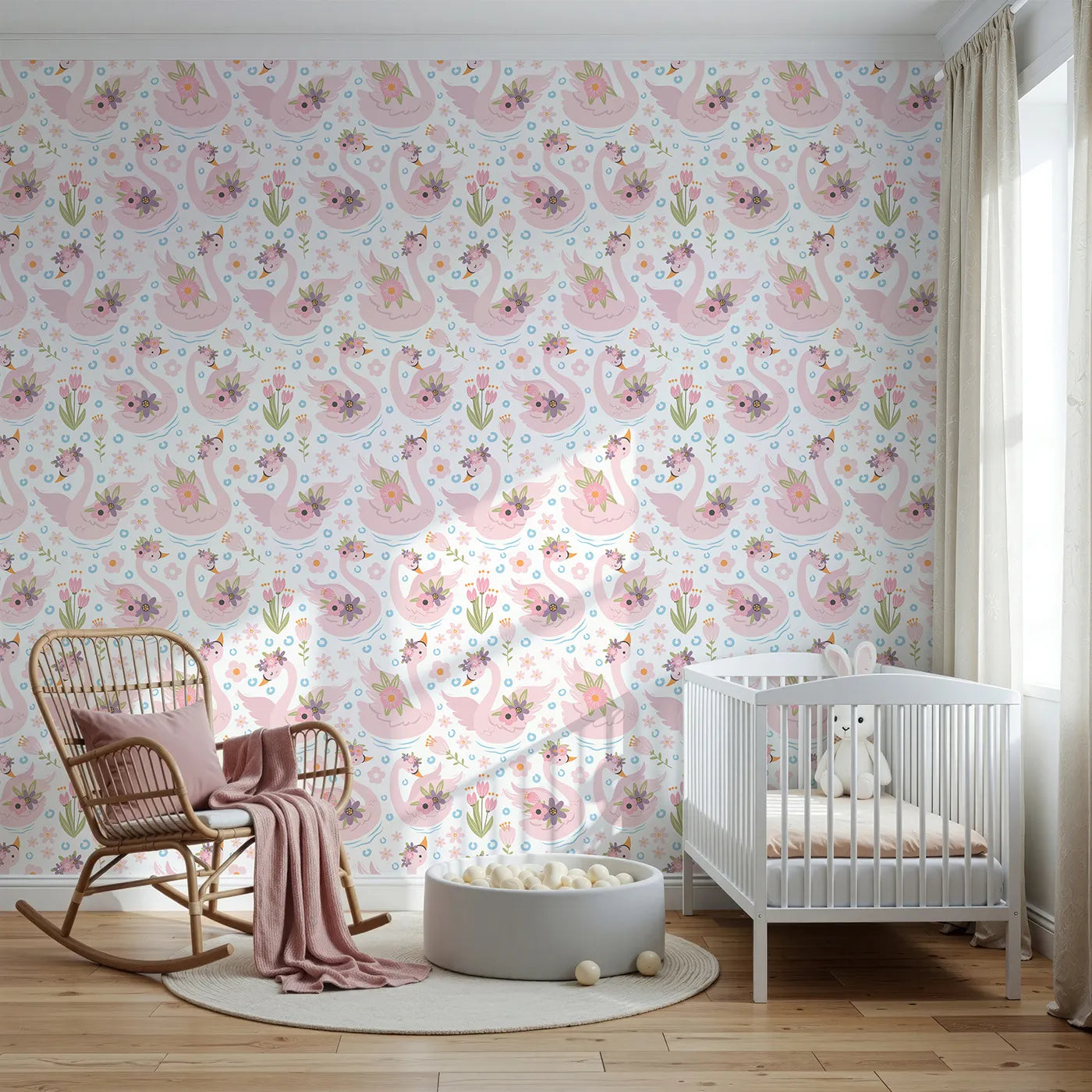 Front view of Whimsy Tots' Blooming Swan Garden Wallpaper in White
