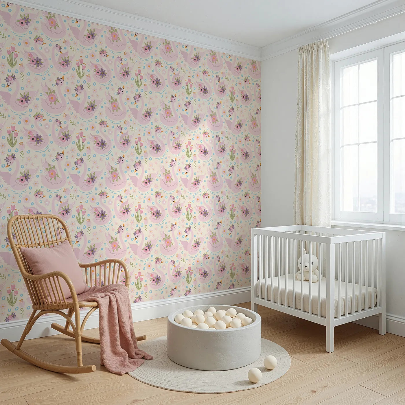 Angled view of Whimsy Tots' Blooming Swan Garden Wallpaper in Cream (W3086B).Flower-crowned pink swans float gently among blooms on a soft cream pond.