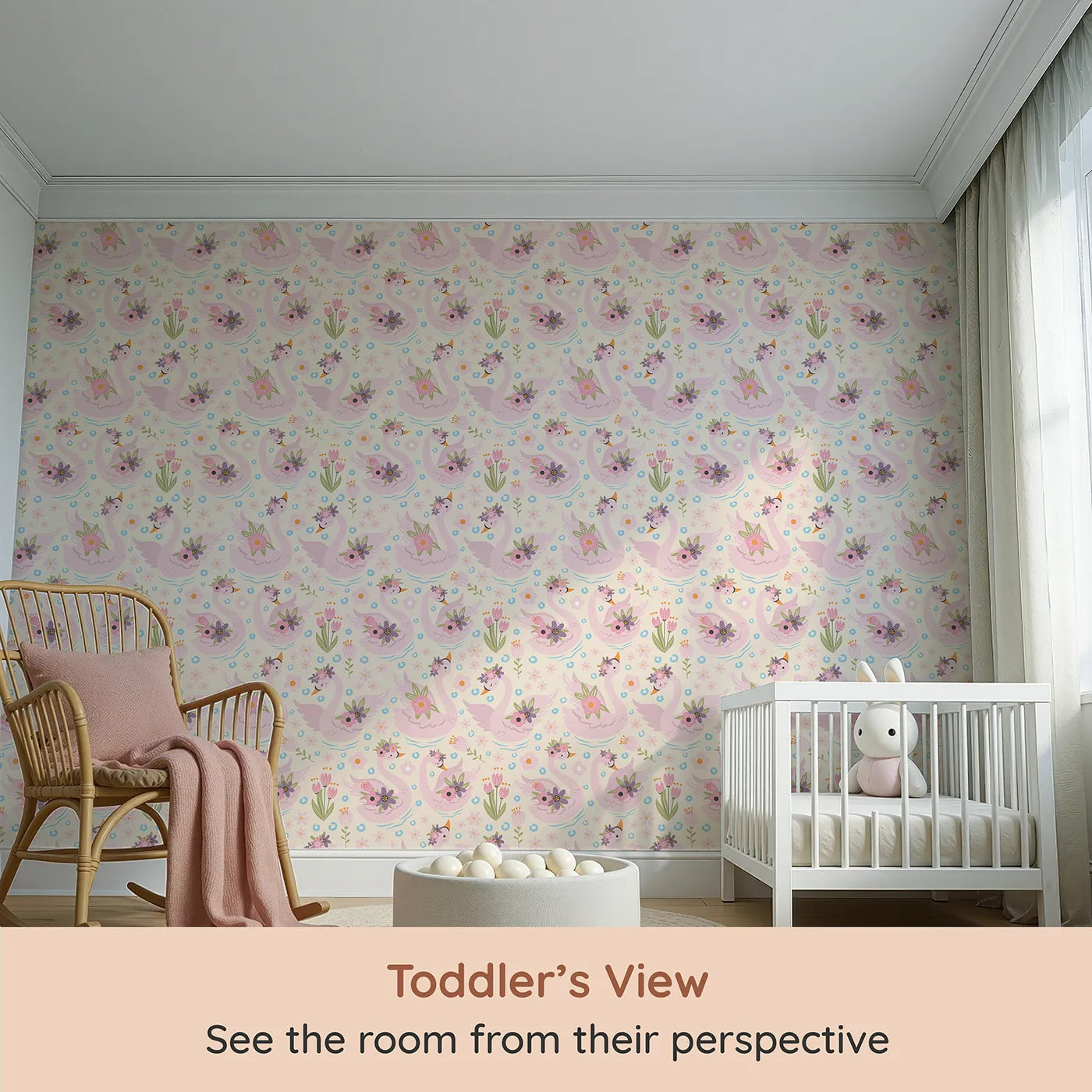 Whimsy Tots Blooming Swan Garden Wallpaper in Cream (W3086B) from your child's view.Flower-crowned pink swans float gently among blooms on a soft cream pond.