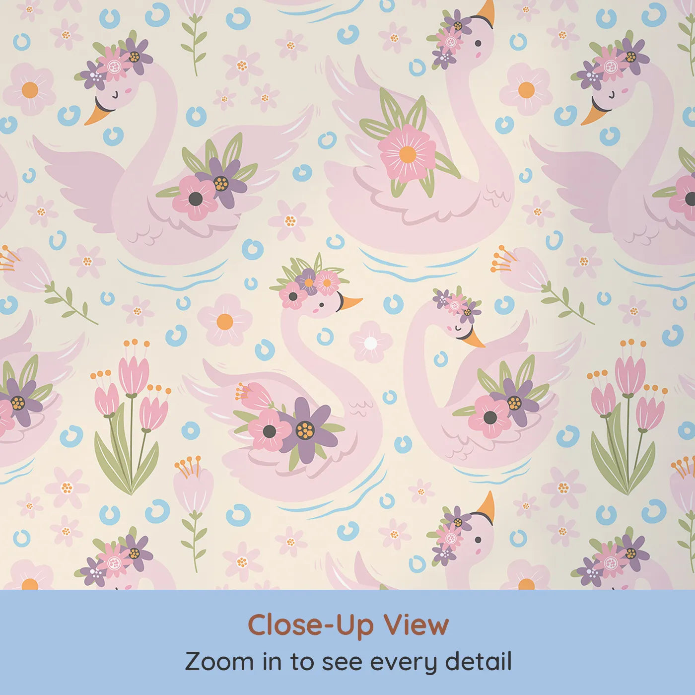 Close-up view of Whimsy Tots' Blooming Swan Garden Wallpaper in Cream (W3086B).Flower-crowned pink swans float gently among blooms on a soft cream pond.