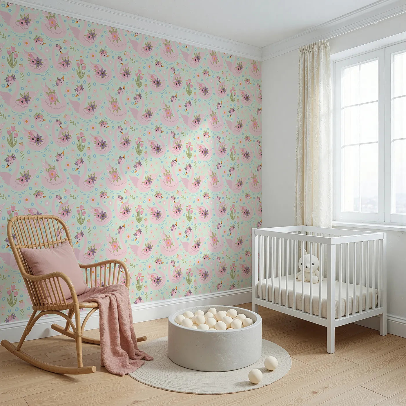 Angled view of Whimsy Tots' Blooming Swan Garden Wallpaper in Mint Green (W3086C).Petal-topped pink swans glide on minty waters with spring blooms all around.