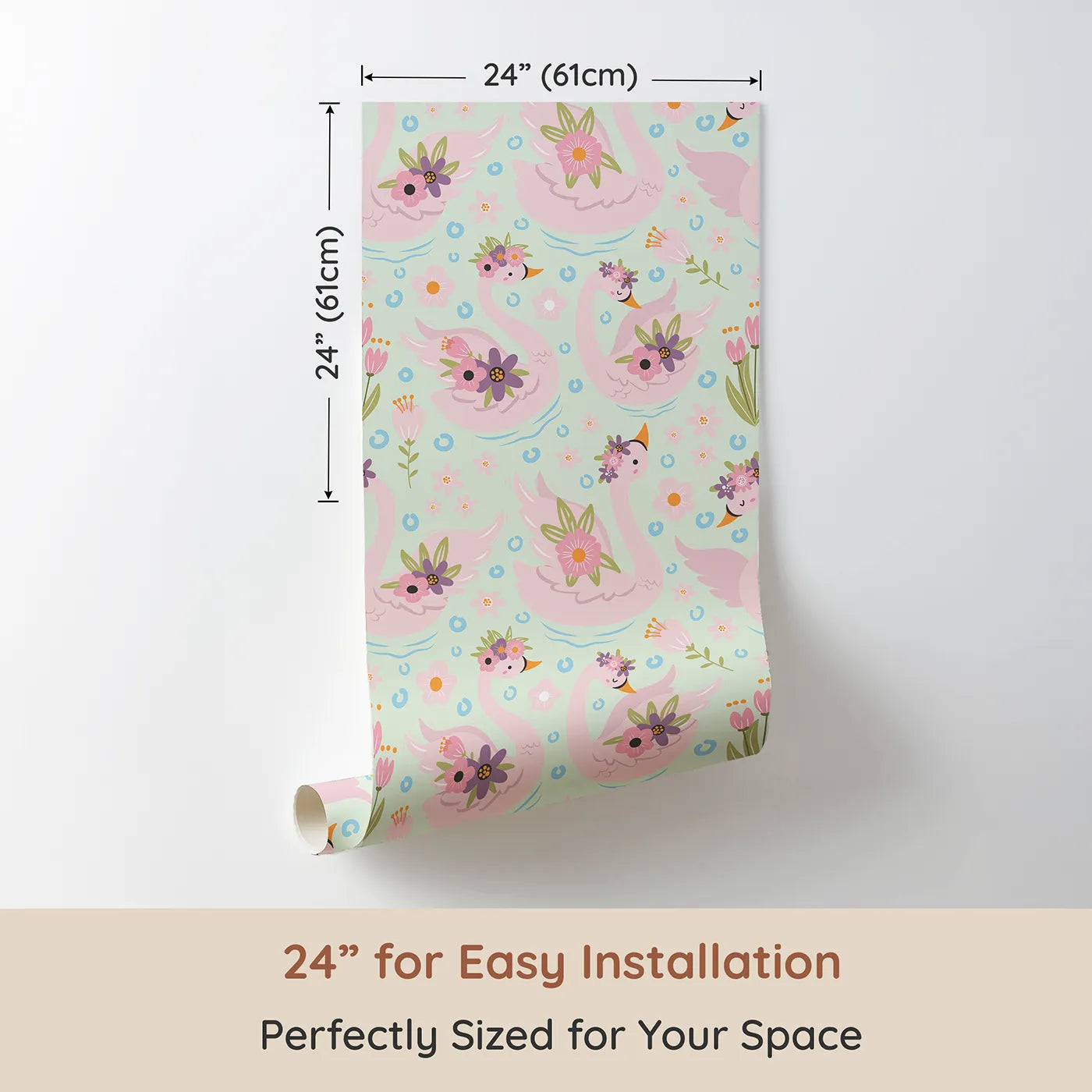 Dimension view of Whimsy Tots Blooming Swan Garden Wallpaper in Mint Green (W3086C). Printed in 24-inch-wide panel for easy installation. Petal-topped pink swans glide on minty waters with spring blooms all around.