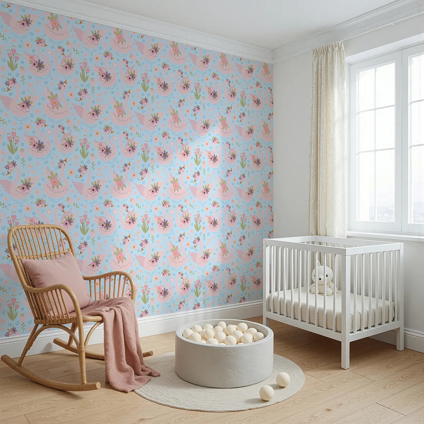 Angled view of Whimsy Tots' Blooming Swan Garden Wallpaper in Sky Blue (W3086D).Blush swans with petal crowns drift through flowers on a blue pond.