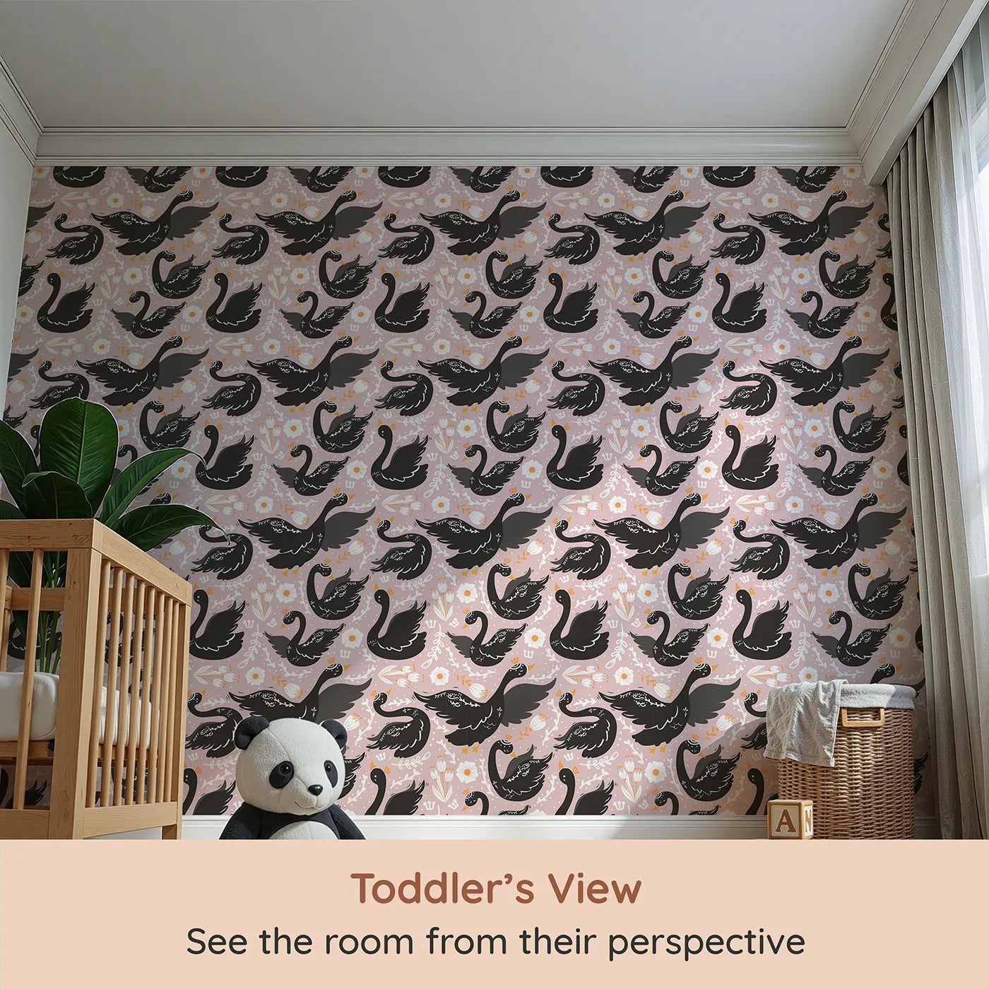 Whimsy Tots Regal Swan Parade Wallpaper in Blush Pink (W3087C) from your child's view.Crowned black swans glide through florals on a dreamy blush pink pond.