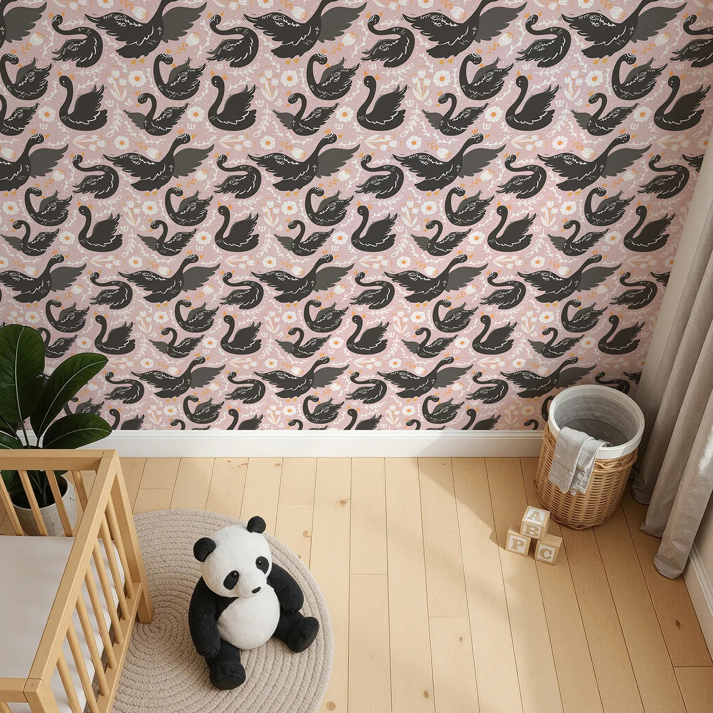 Top-Down view of Whimsy Tots' Regal Swan Parade Wallpaper in Blush Pink (W3087C).Crowned black swans glide through florals on a dreamy blush pink pond.