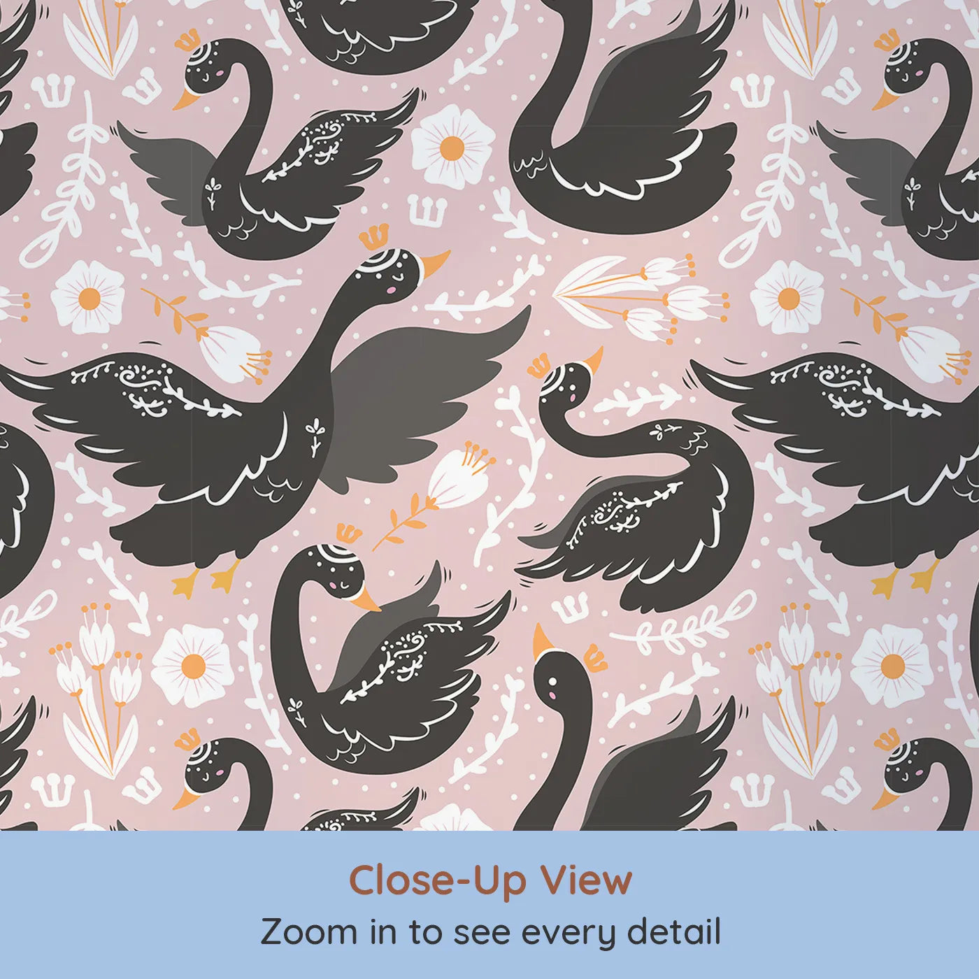 Close-up view of Whimsy Tots' Regal Swan Parade Wallpaper in Blush Pink (W3087C).Crowned black swans glide through florals on a dreamy blush pink pond.