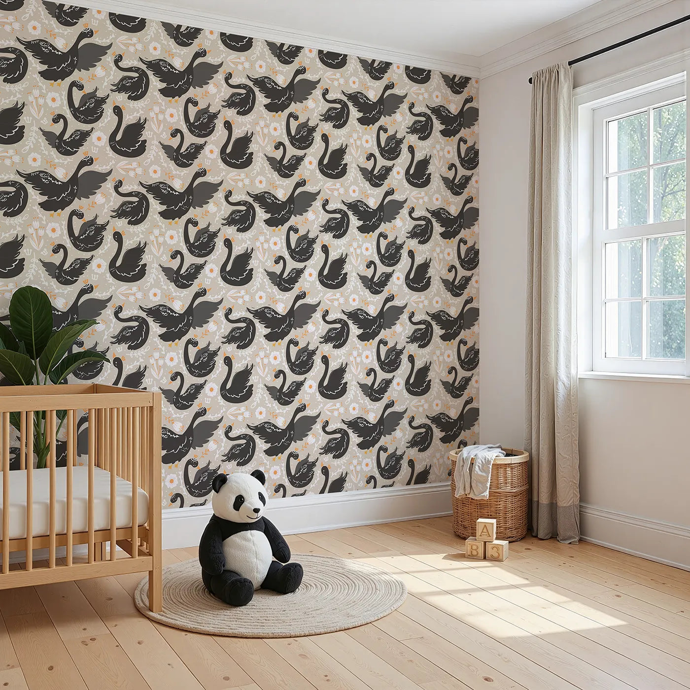 Angled view of Whimsy Tots' Regal Swan Parade Wallpaper in Beige (W3087E).Crowned black swans drift through florals on a soft beige breeze.