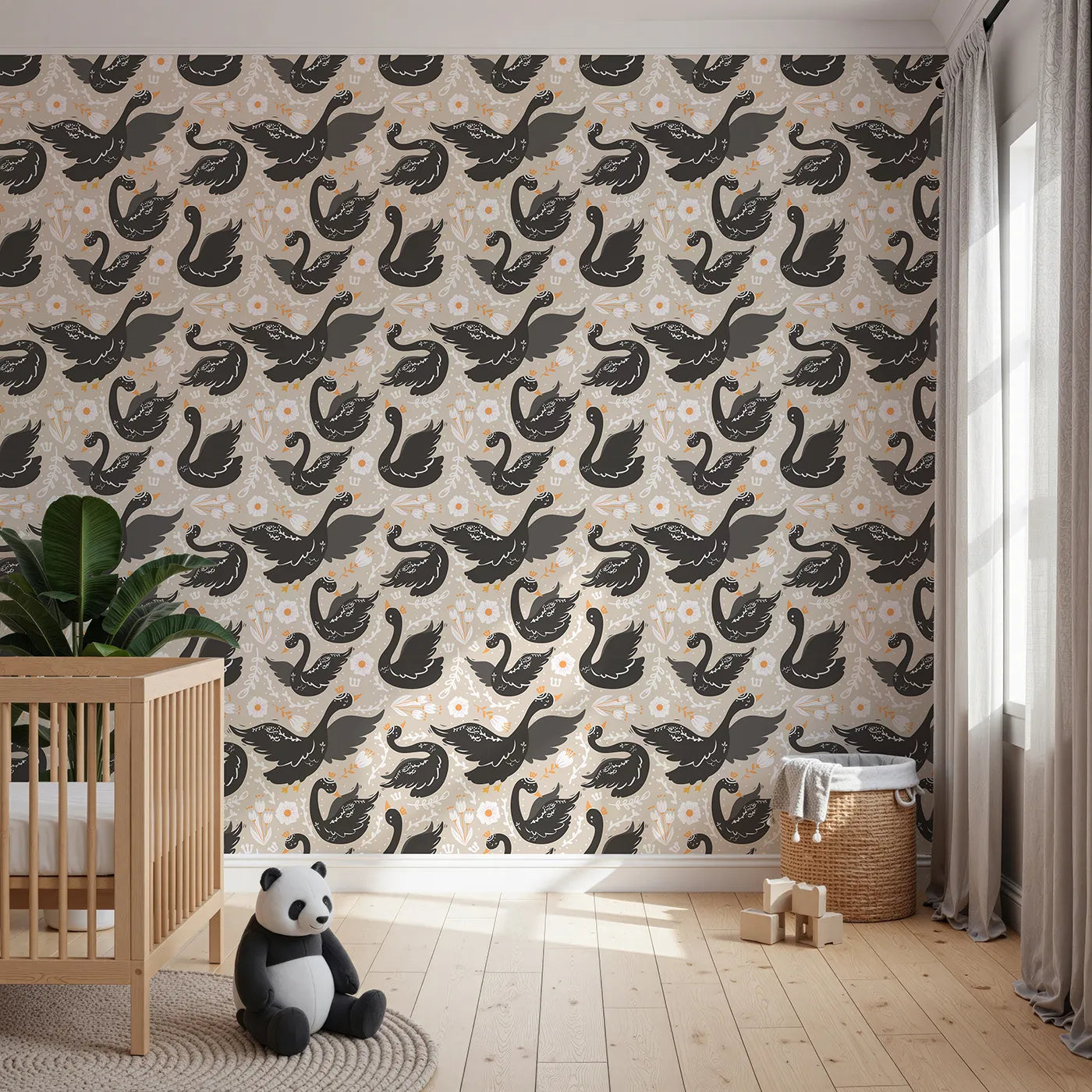 Front view of Whimsy Tots' Regal Swan Parade Wallpaper in Beige