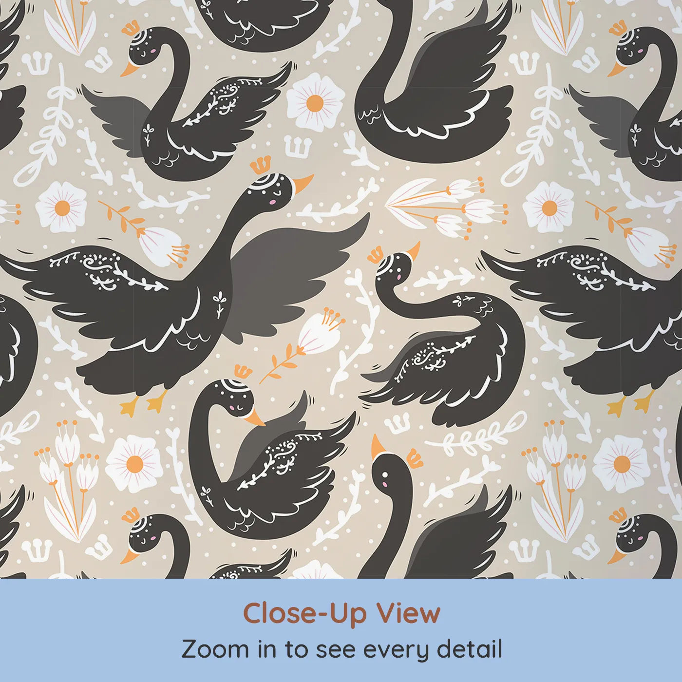 Close-up view of Whimsy Tots' Regal Swan Parade Wallpaper in Beige (W3087E).Crowned black swans drift through florals on a soft beige breeze.