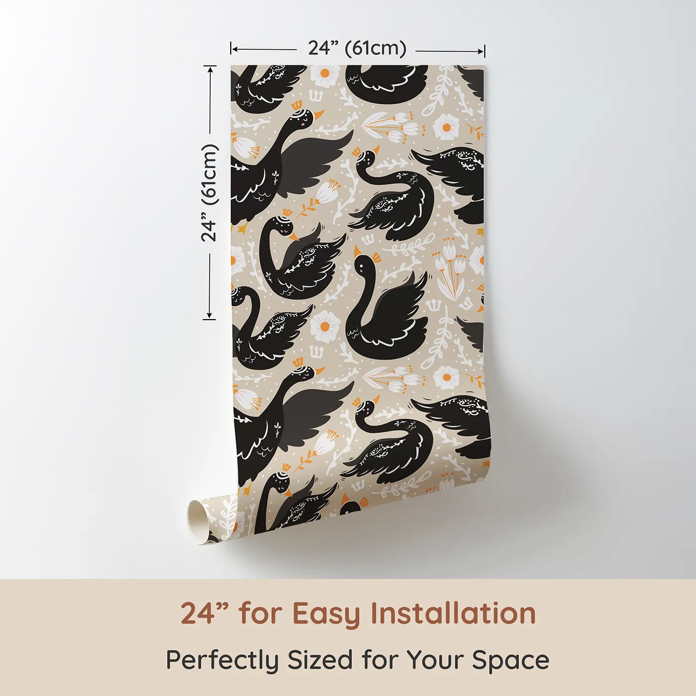 Dimension view of Whimsy Tots Regal Swan Parade Wallpaper in Beige (W3087E). Printed in 24-inch-wide panel for easy installation. Crowned black swans drift through florals on a soft beige breeze.