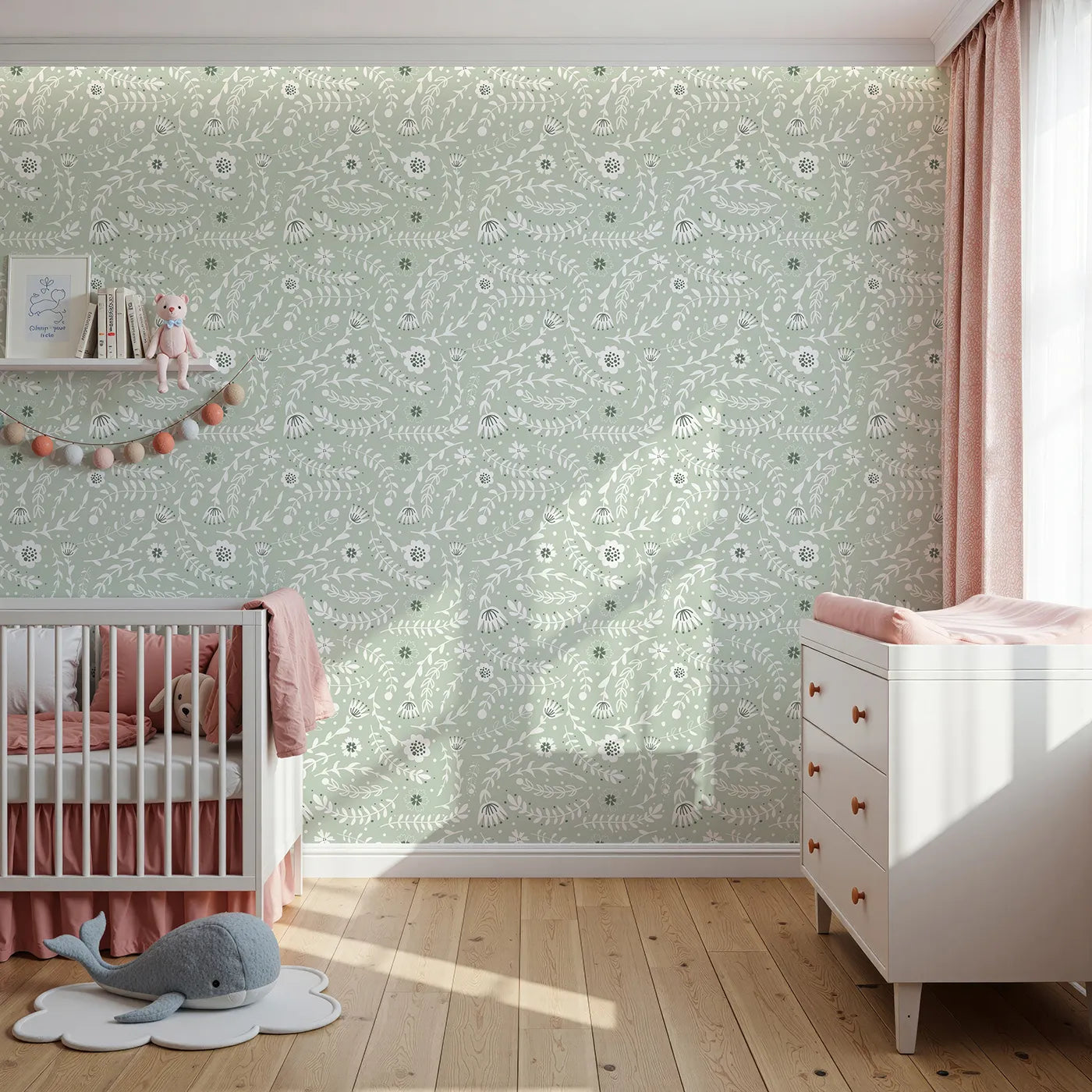 Front view of Whimsy Tots' Spring Meadow Whispers Wallpaper in Sage Green