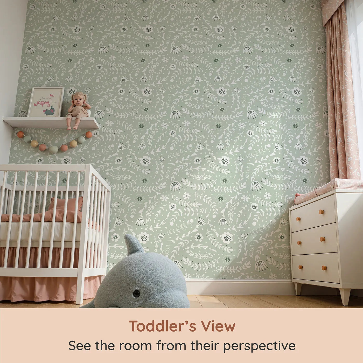 Whimsy Tots Spring Meadow Whispers Wallpaper in Sage Green (W3089B) from your child's view.Dainty flowers and curving leaves drift across a soft sage field.