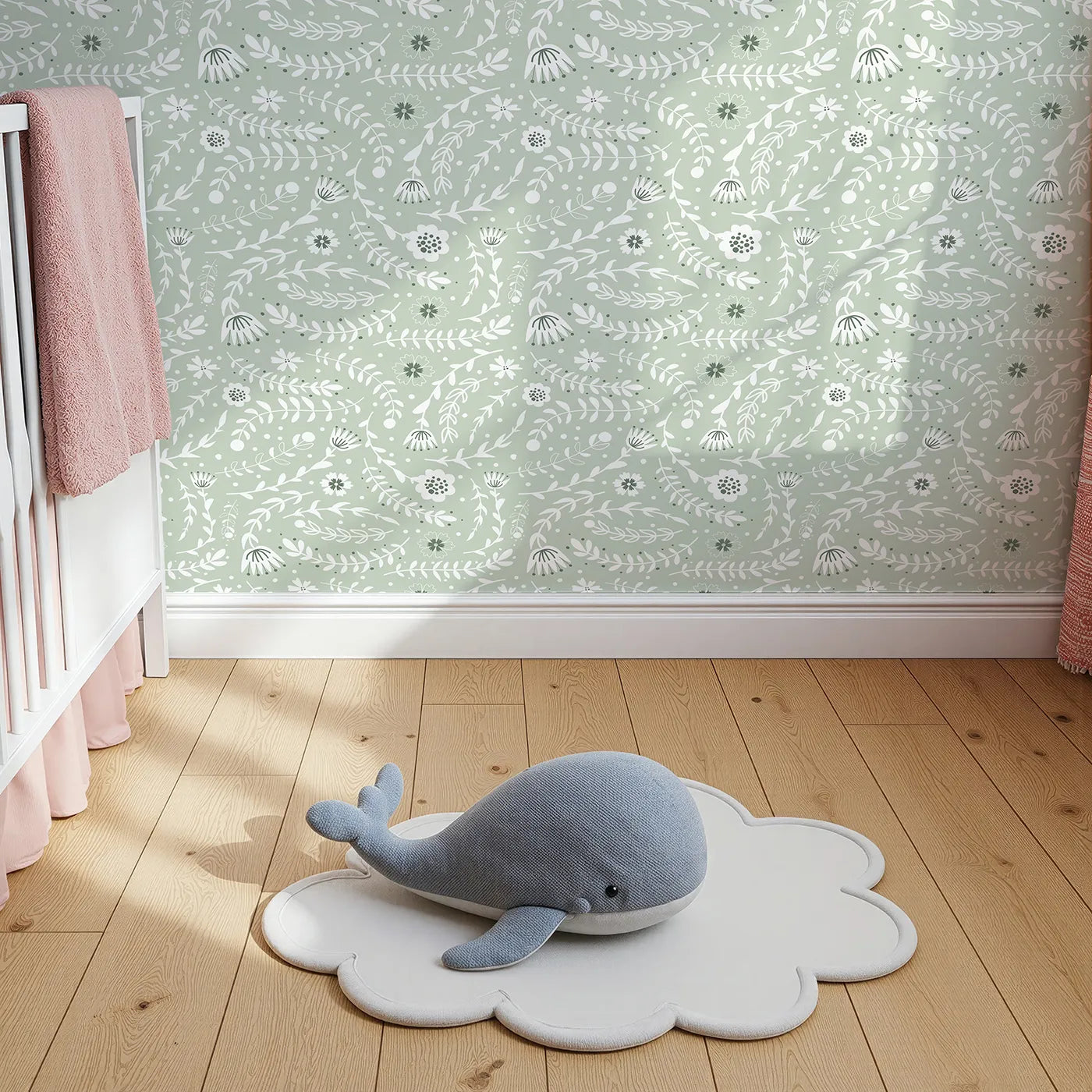 Top-Down view of Whimsy Tots' Spring Meadow Whispers Wallpaper in Sage Green (W3089B).Dainty flowers and curving leaves drift across a soft sage field.