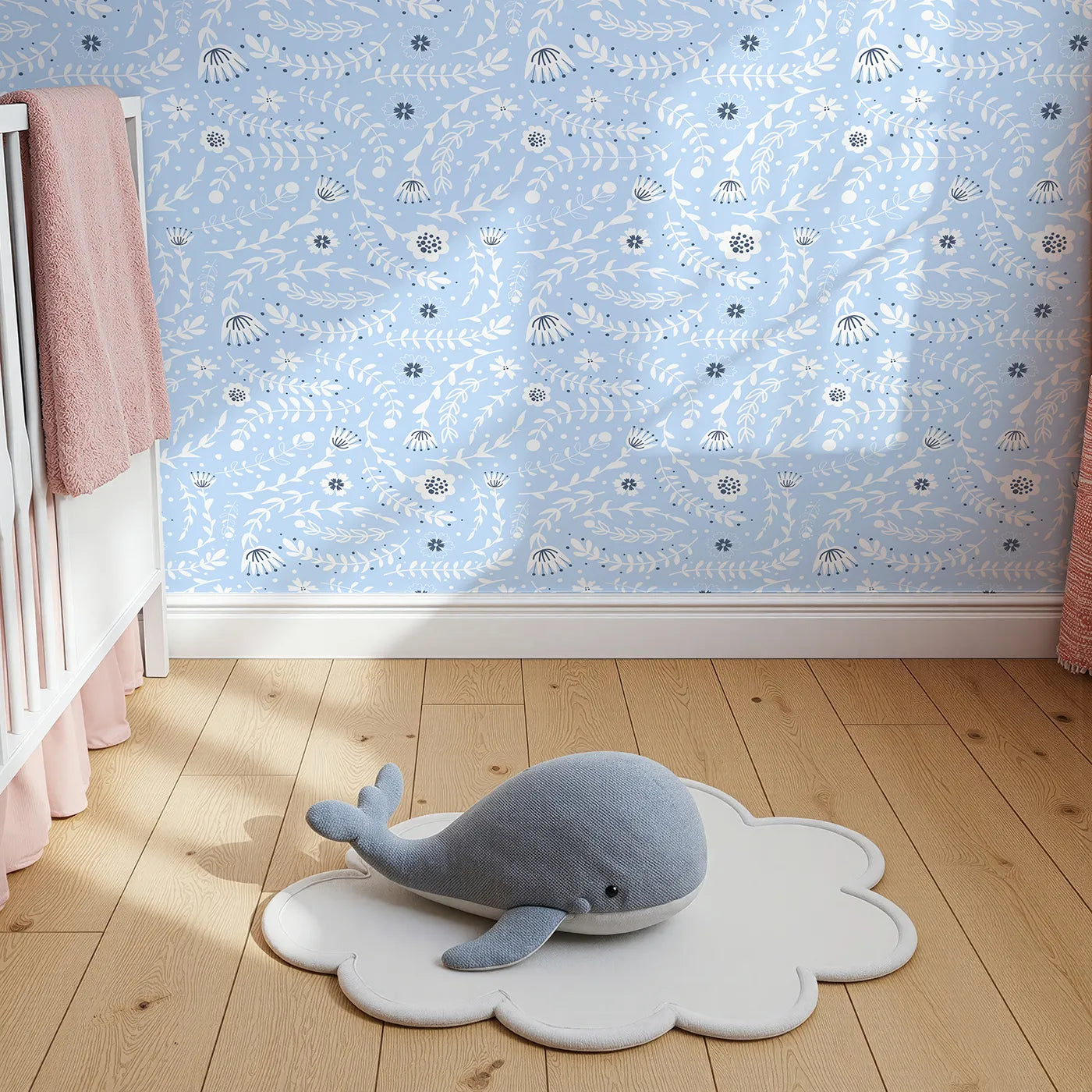 Top-Down view of Whimsy Tots' Spring Meadow Whispers Wallpaper in Sky Blue (W3089C).White florals float through a soft, sky-blue breeze.
